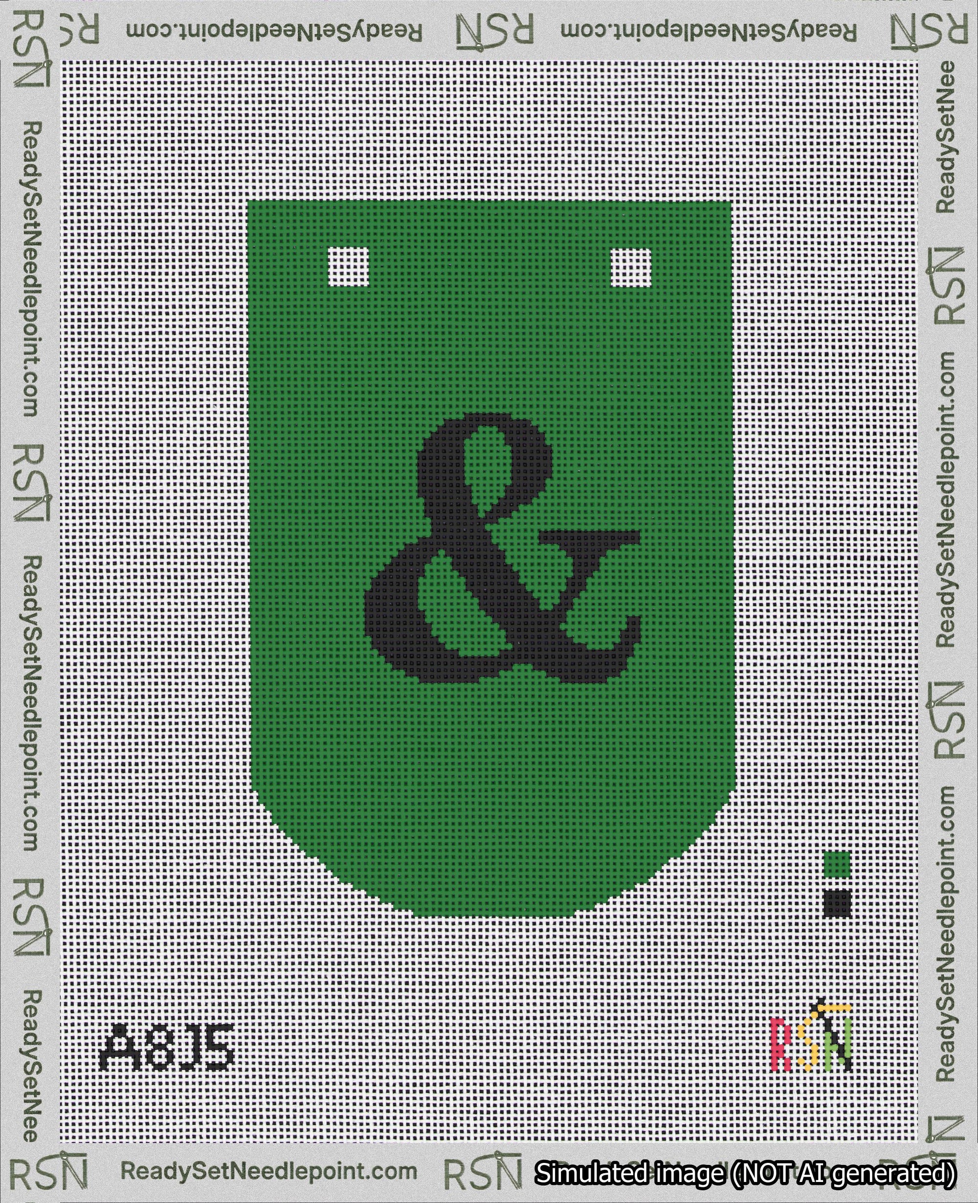 A taped needlepoint canvas with the design: Banner 18 mesh count Curved Ampersand Black on Green.