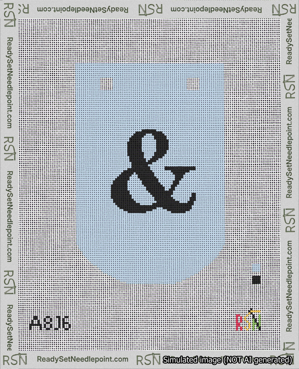 A taped needlepoint canvas with the design: Banner 18 mesh count Curved Ampersand Black on Light Blue.