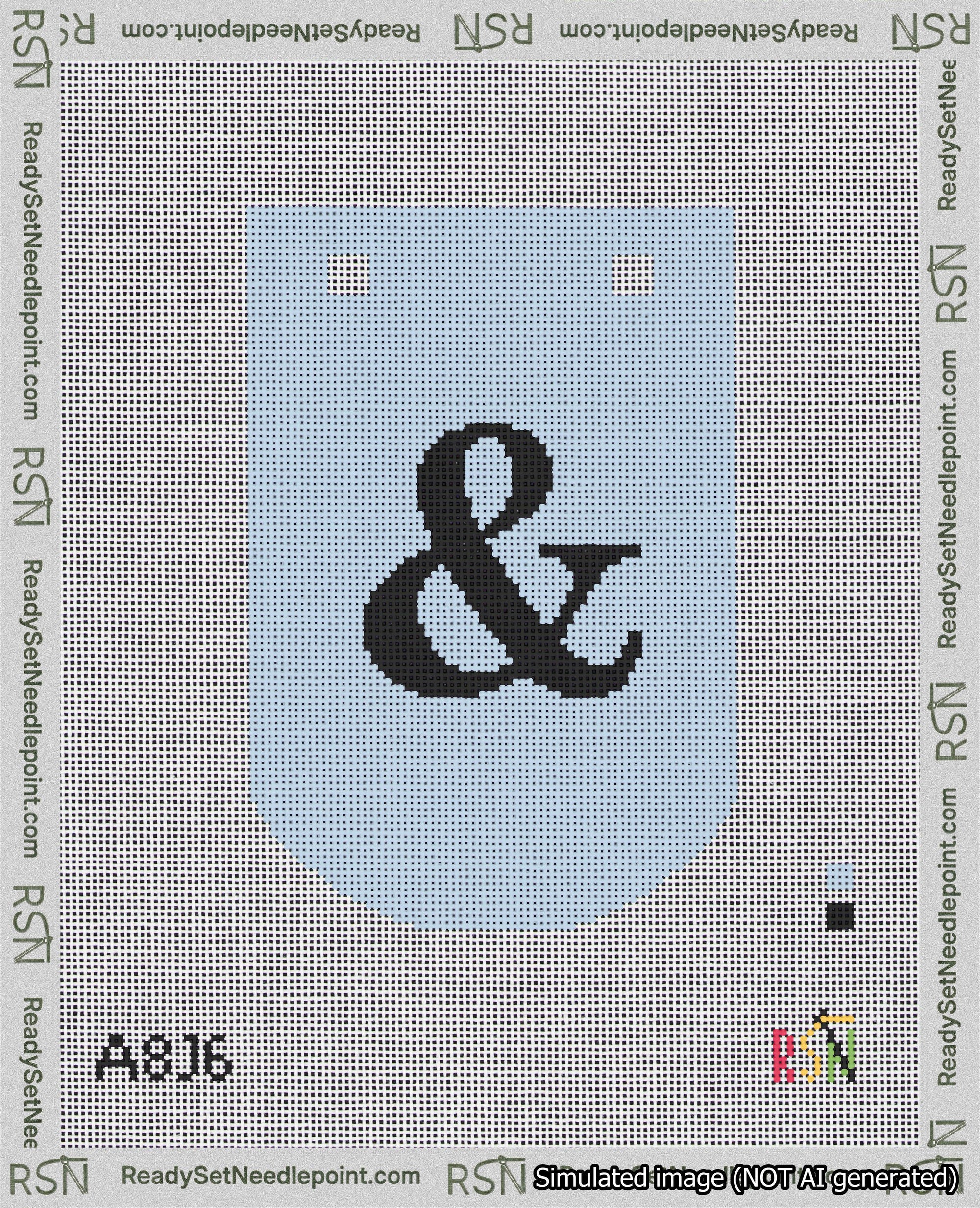 A taped needlepoint canvas with the design: Banner 18 mesh count Curved Ampersand Black on Light Blue.