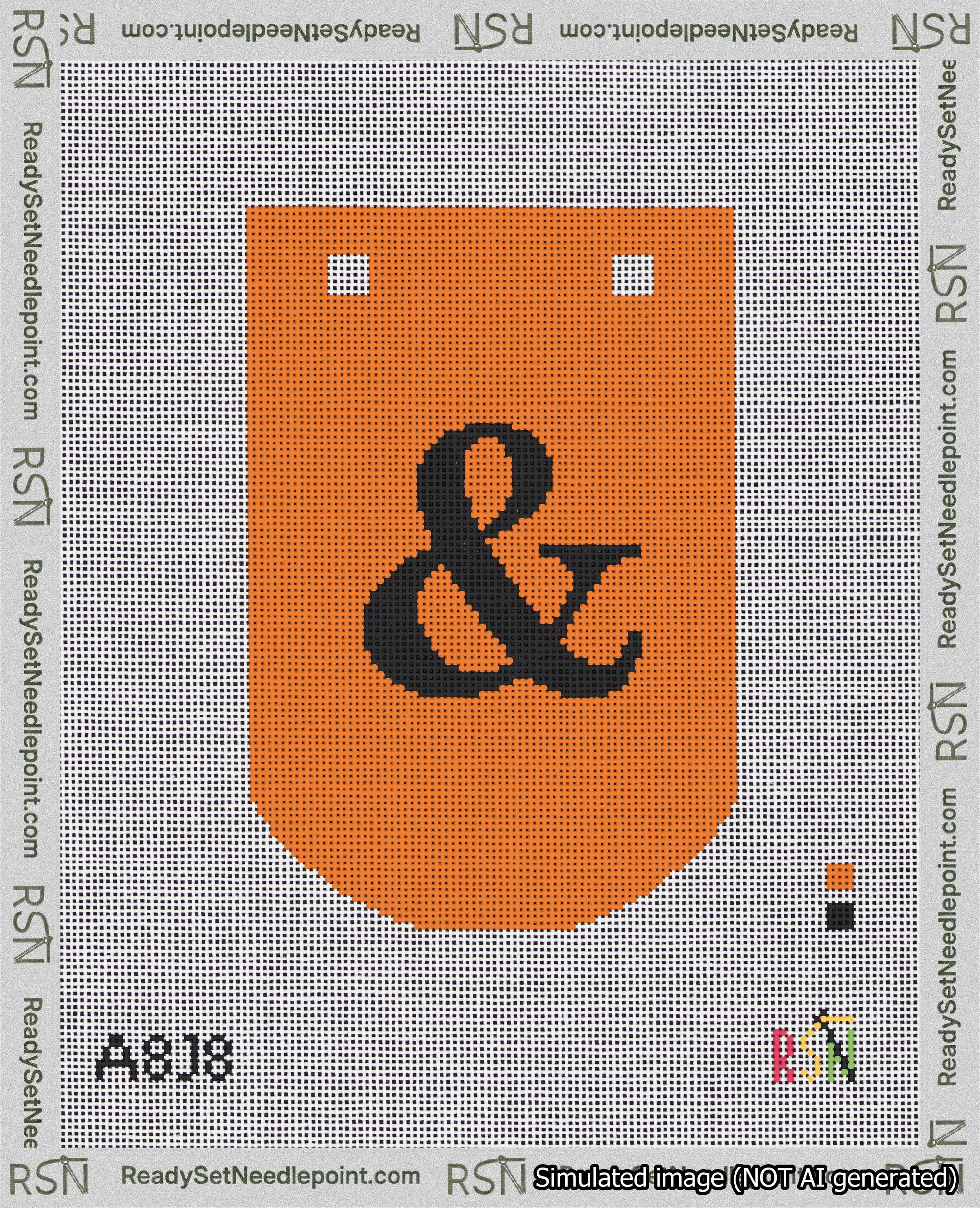 A taped needlepoint canvas with the design: Banner 18 mesh count Curved Ampersand Black on Orange.