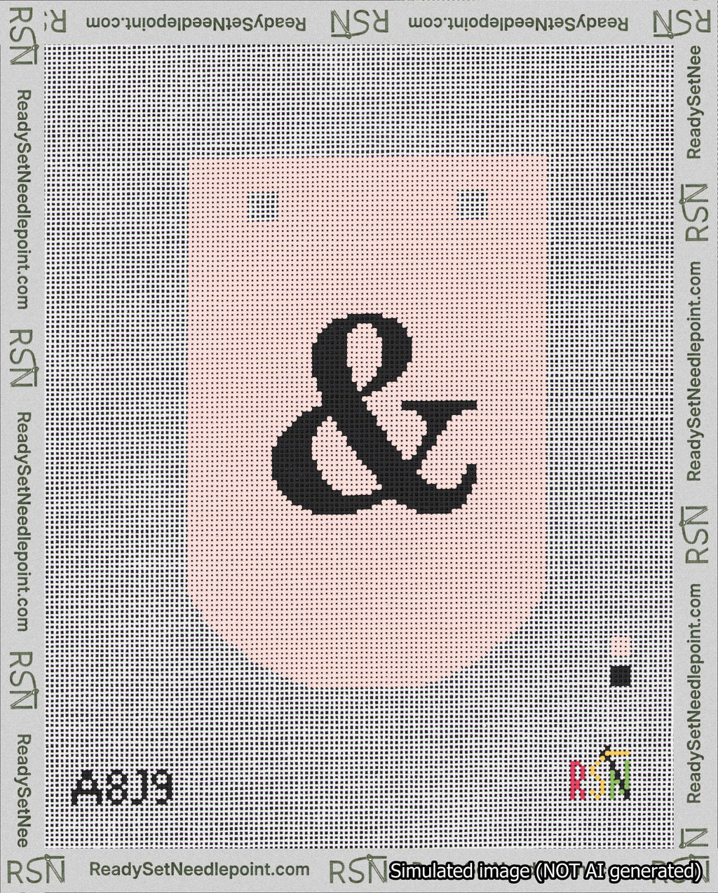 A taped needlepoint canvas with the design: Banner 18 mesh count Curved Ampersand Black on Pink.