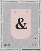 A taped needlepoint canvas with the design: Banner 18 mesh count Curved Ampersand Black on Pink.