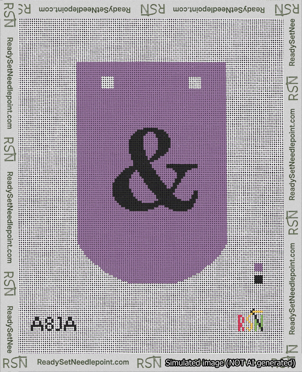 A taped needlepoint canvas with the design: Banner 18 mesh count Curved Ampersand Black on Purple.