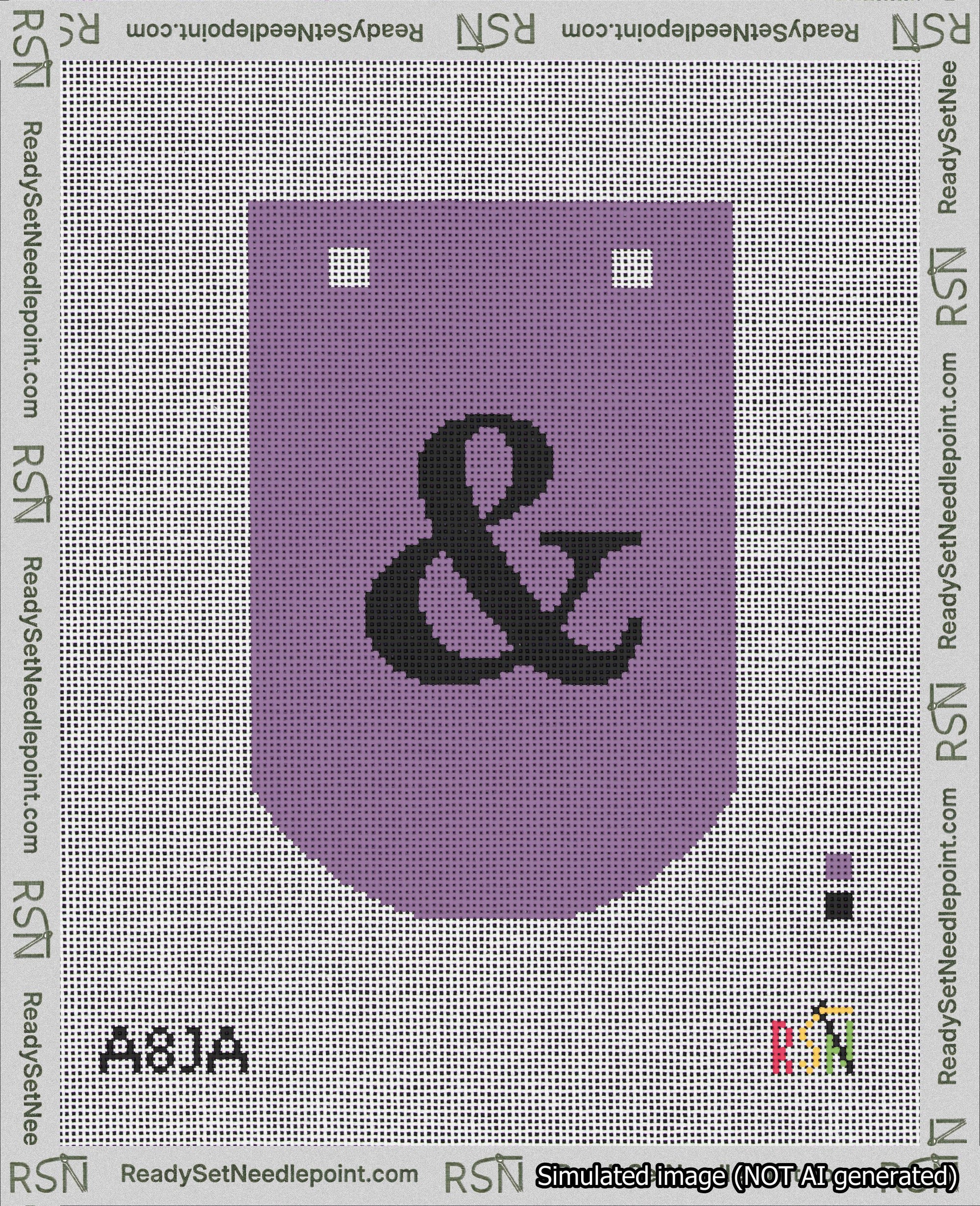 A taped needlepoint canvas with the design: Banner 18 mesh count Curved Ampersand Black on Purple.