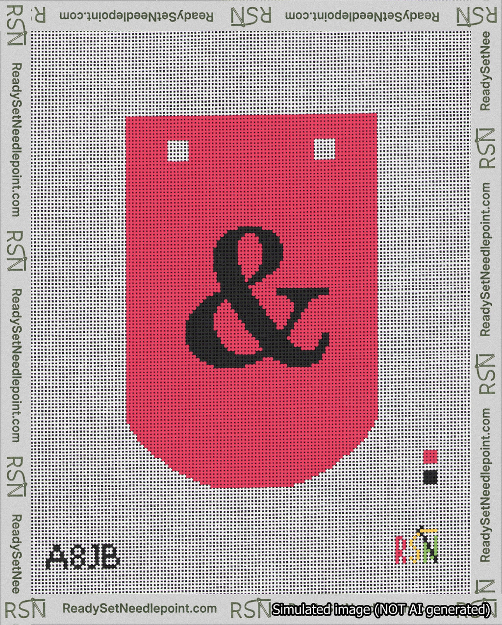 A taped needlepoint canvas with the design: Banner 18 mesh count Curved Ampersand Black on Red.