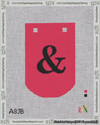 A taped needlepoint canvas with the design: Banner 18 mesh count Curved Ampersand Black on Red.