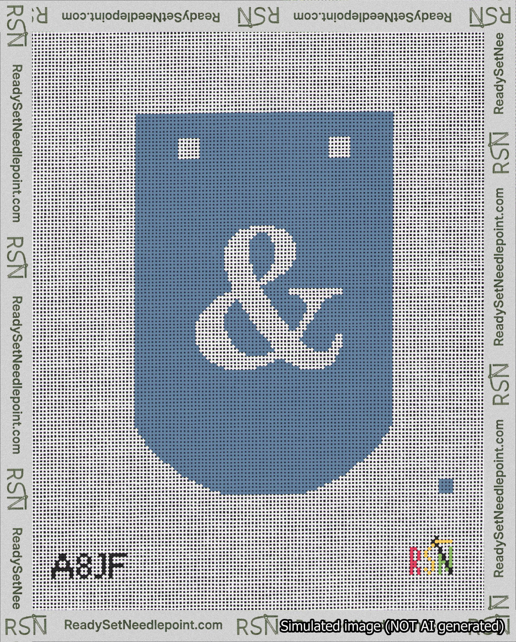A taped needlepoint canvas with the design: Banner 18 mesh count Curved Ampersand White on Blue.