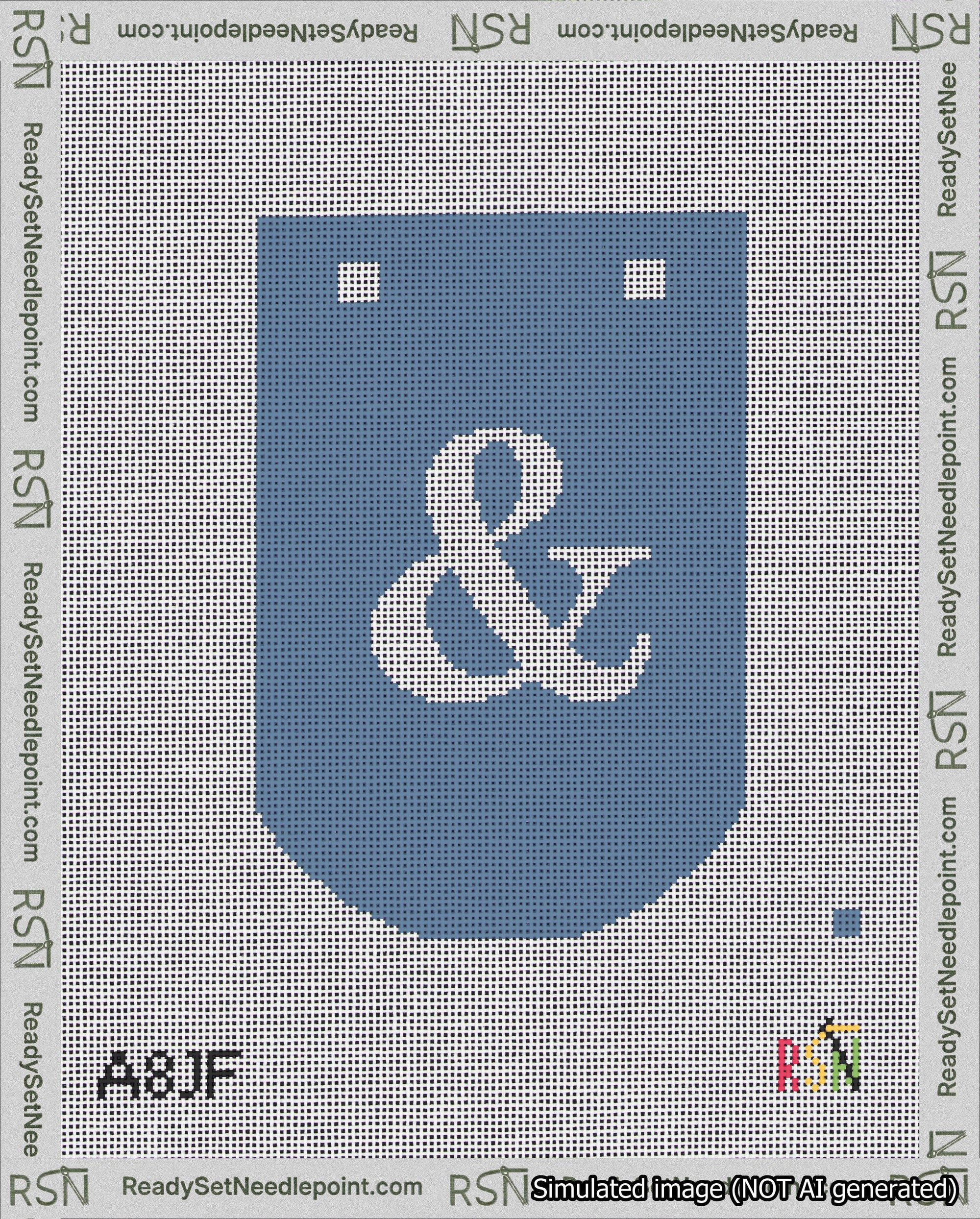 A taped needlepoint canvas with the design: Banner 18 mesh count Curved Ampersand White on Blue.