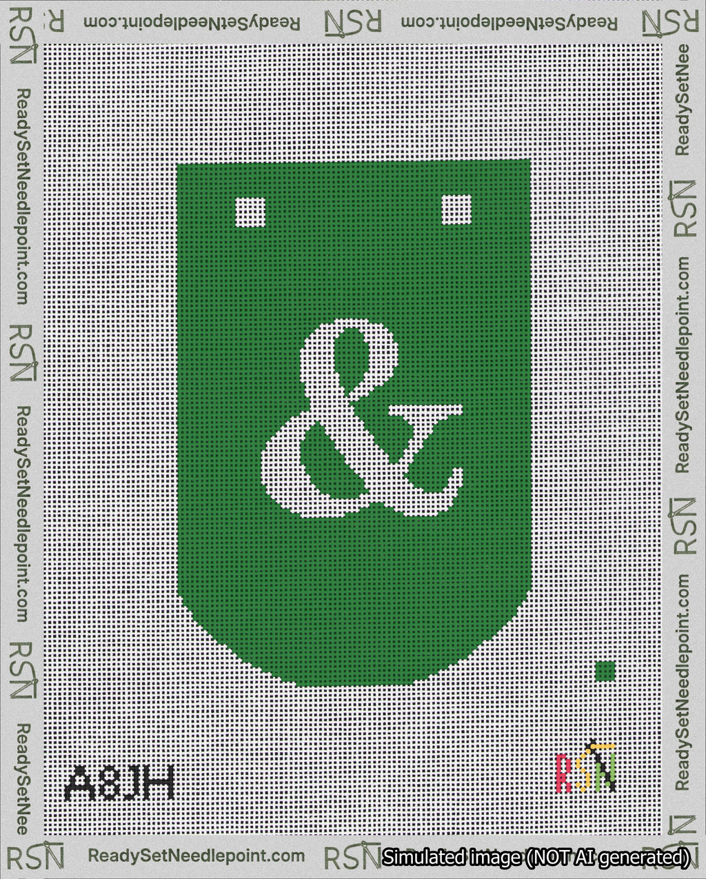 A taped needlepoint canvas with the design: Banner 18 mesh count Curved Ampersand White on Green.