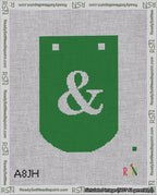 A taped needlepoint canvas with the design: Banner 18 mesh count Curved Ampersand White on Green.
