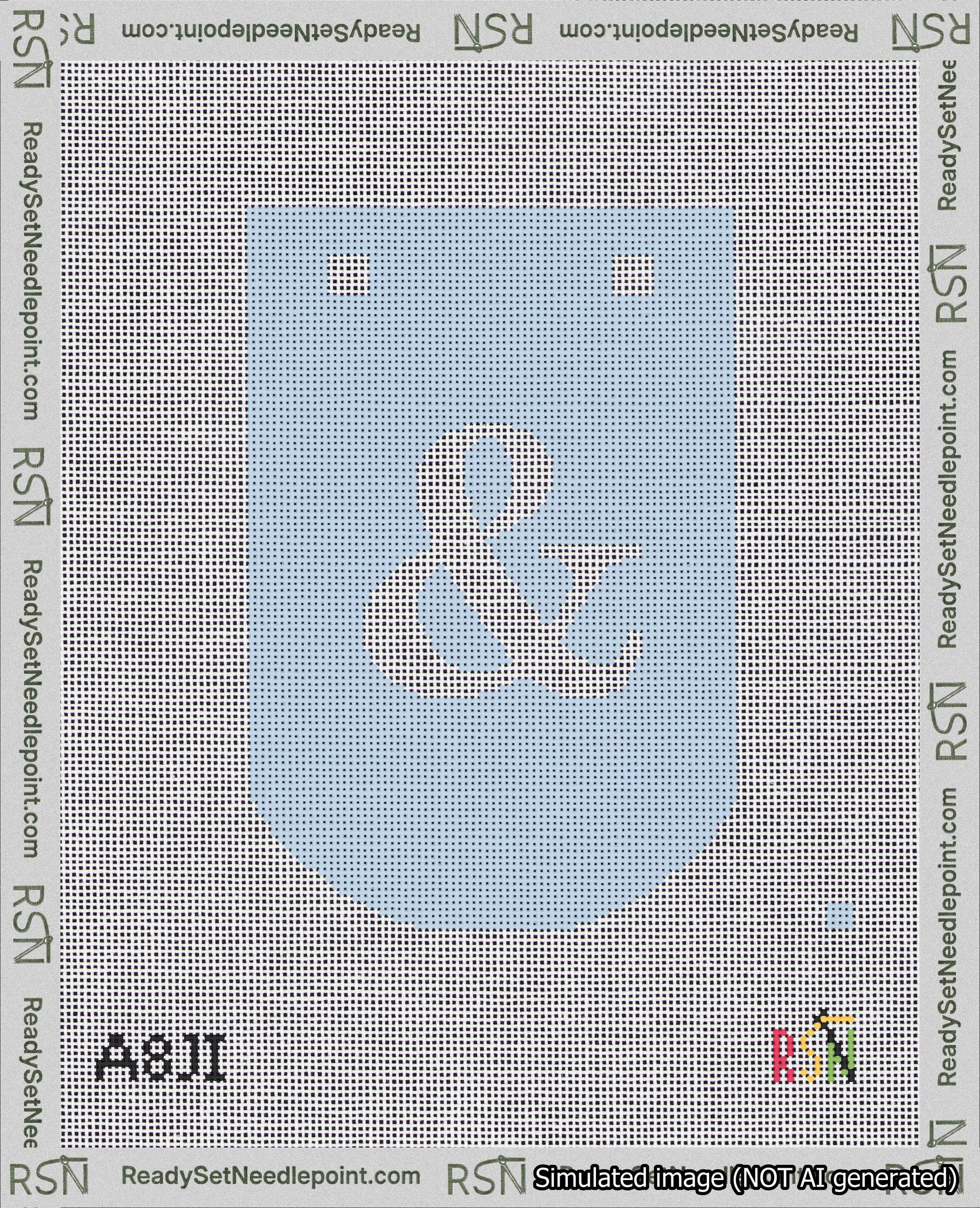 A taped needlepoint canvas with the design: Banner 18 mesh count Curved Ampersand White on Light Blue.