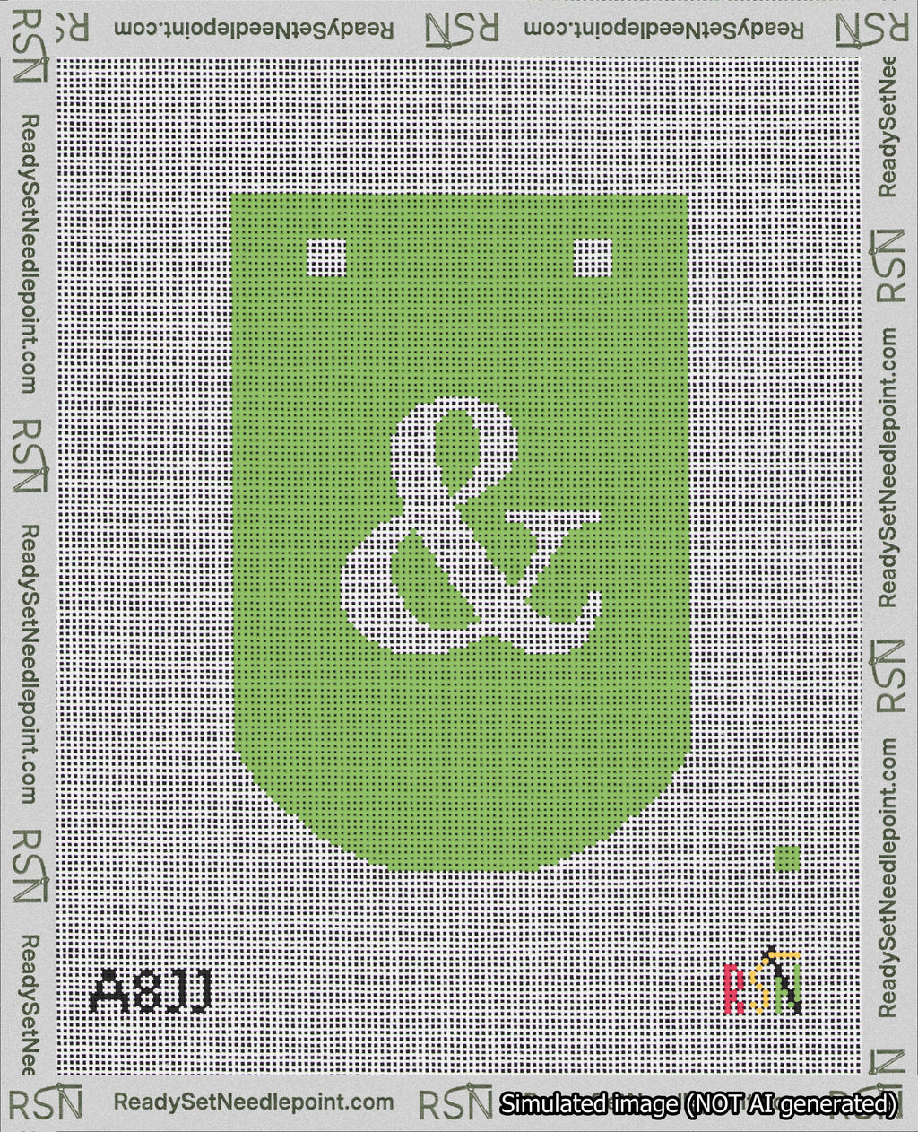 A taped needlepoint canvas with the design: Banner 18 mesh count Curved Ampersand White on Light Green.