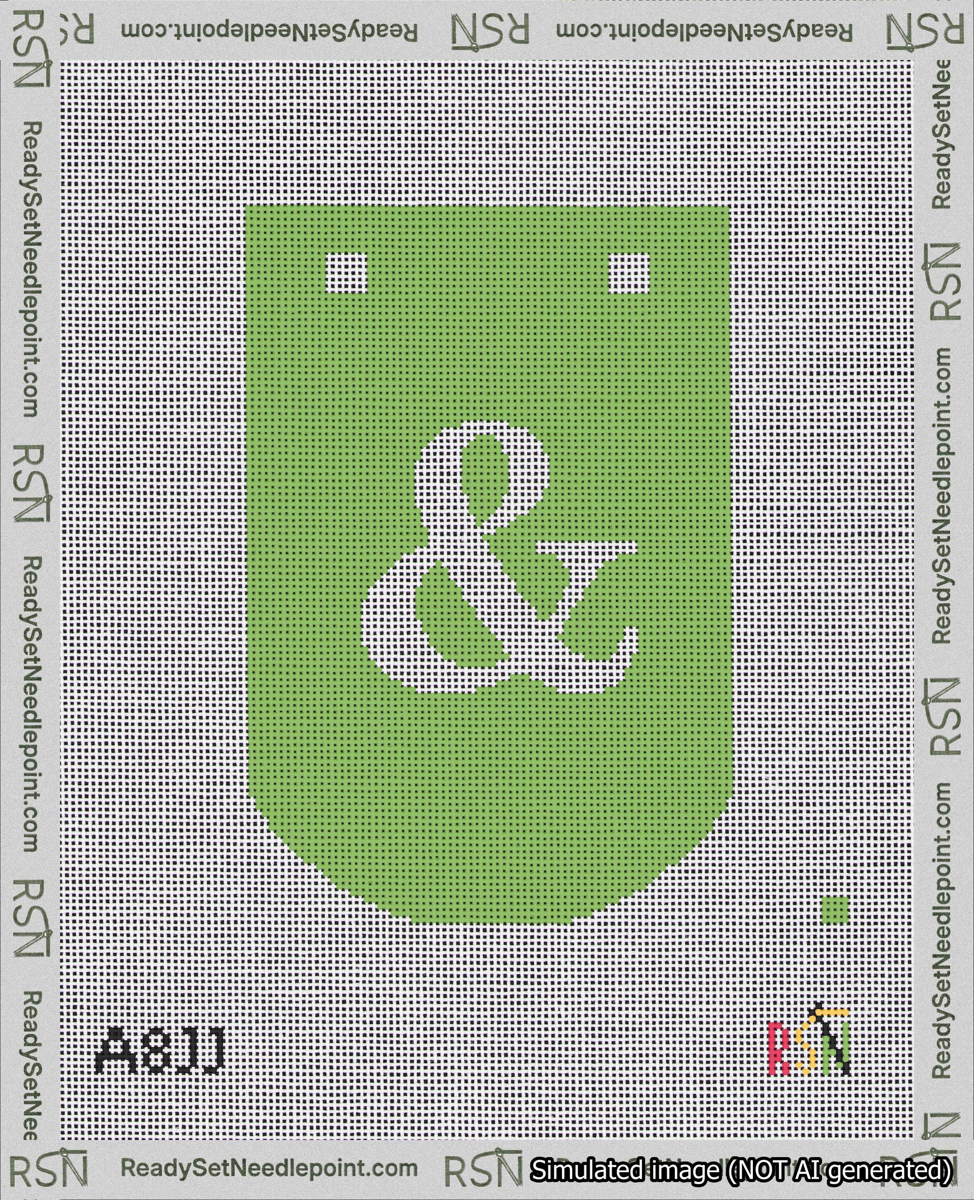A taped needlepoint canvas with the design: Banner 18 mesh count Curved Ampersand White on Light Green.