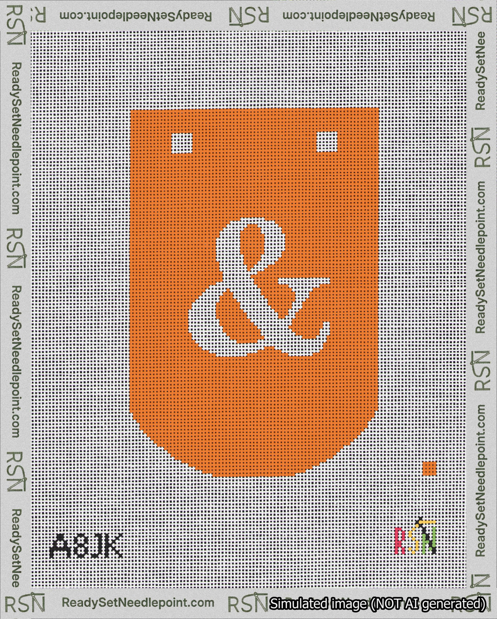 A taped needlepoint canvas with the design: Banner 18 mesh count Curved Ampersand White on Orange.
