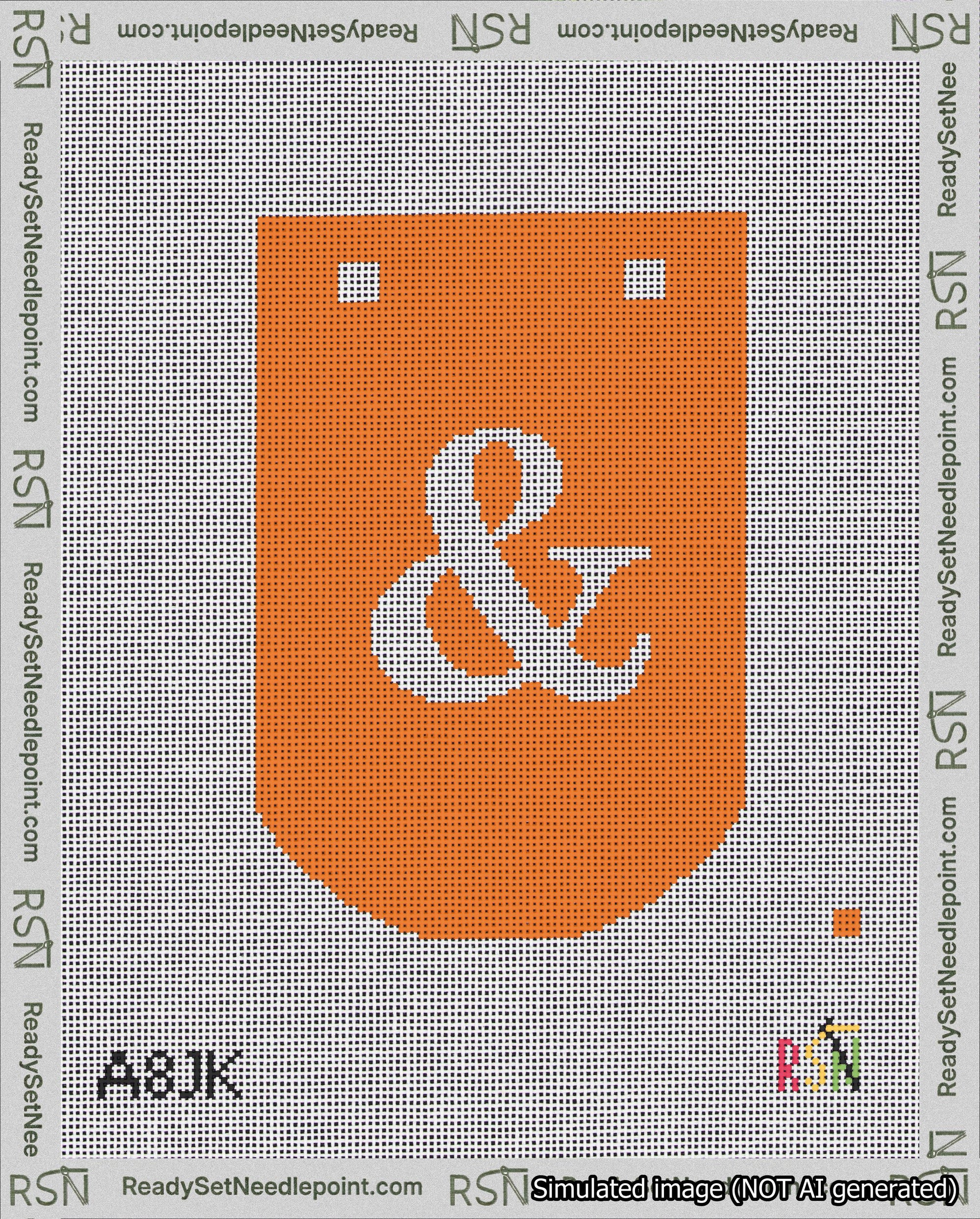 A taped needlepoint canvas with the design: Banner 18 mesh count Curved Ampersand White on Orange.