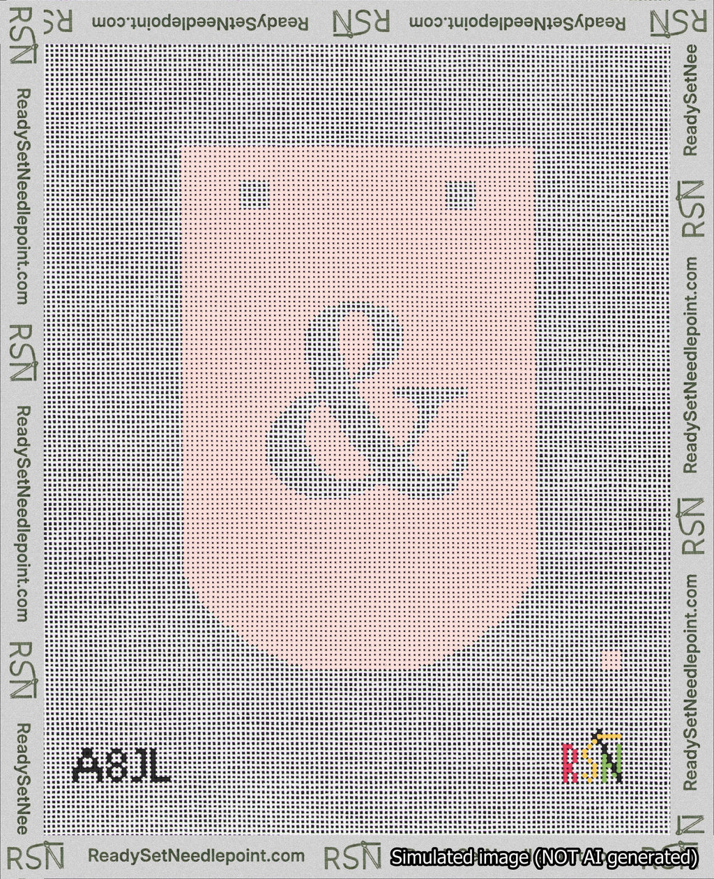 A taped needlepoint canvas with the design: Banner 18 mesh count Curved Ampersand White on Pink.
