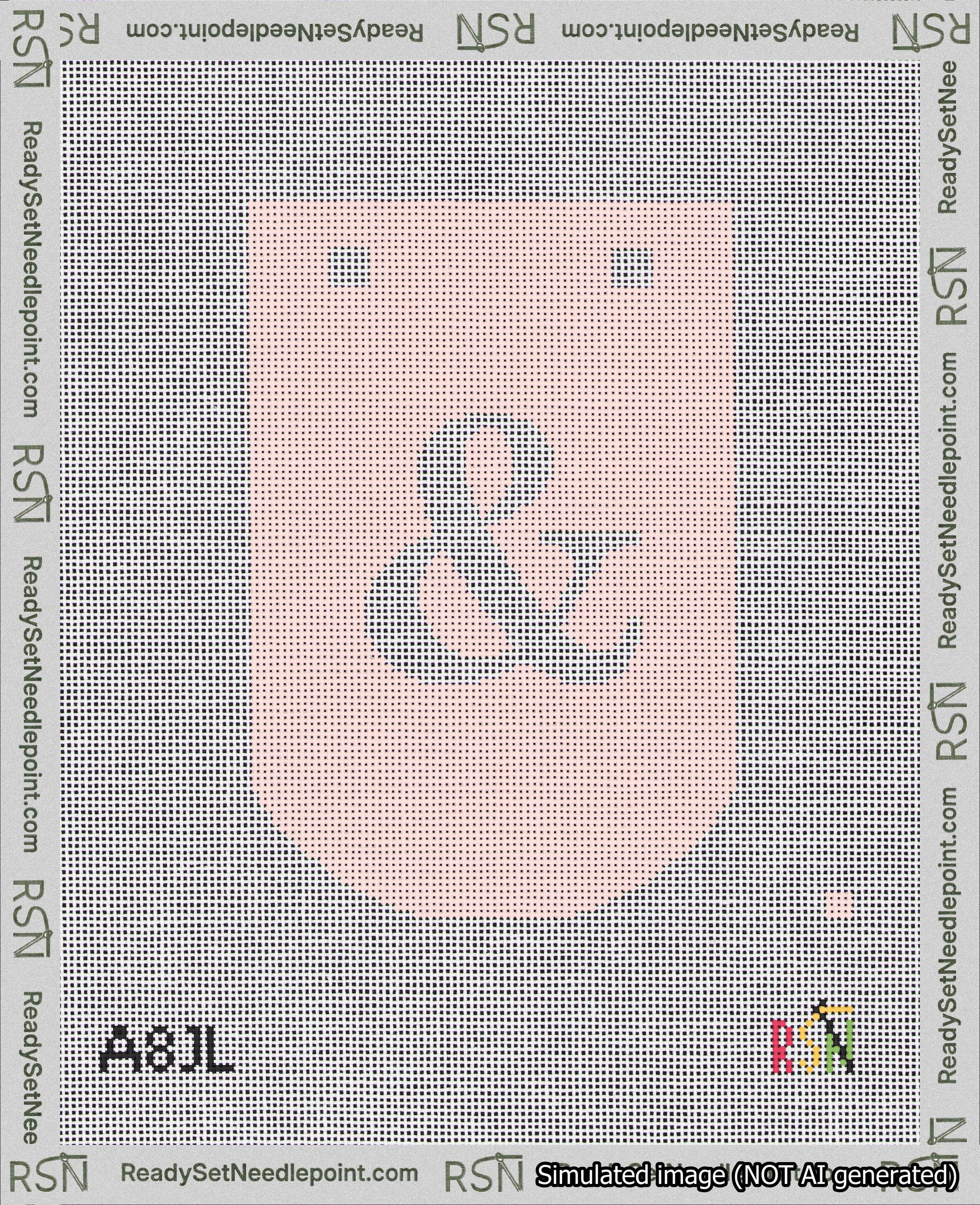 A taped needlepoint canvas with the design: Banner 18 mesh count Curved Ampersand White on Pink.