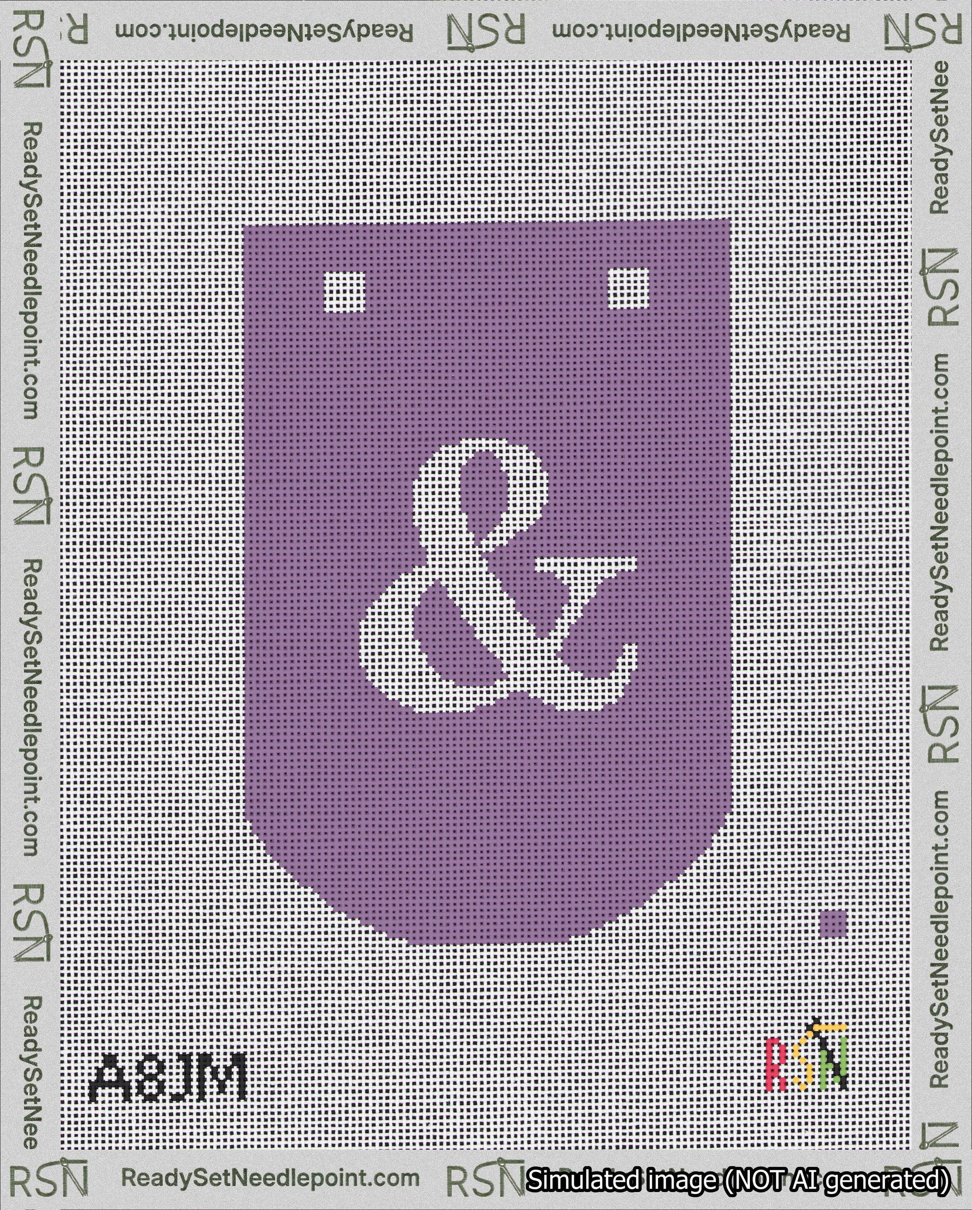 A taped needlepoint canvas with the design: Banner 18 mesh count Curved Ampersand White on Purple.