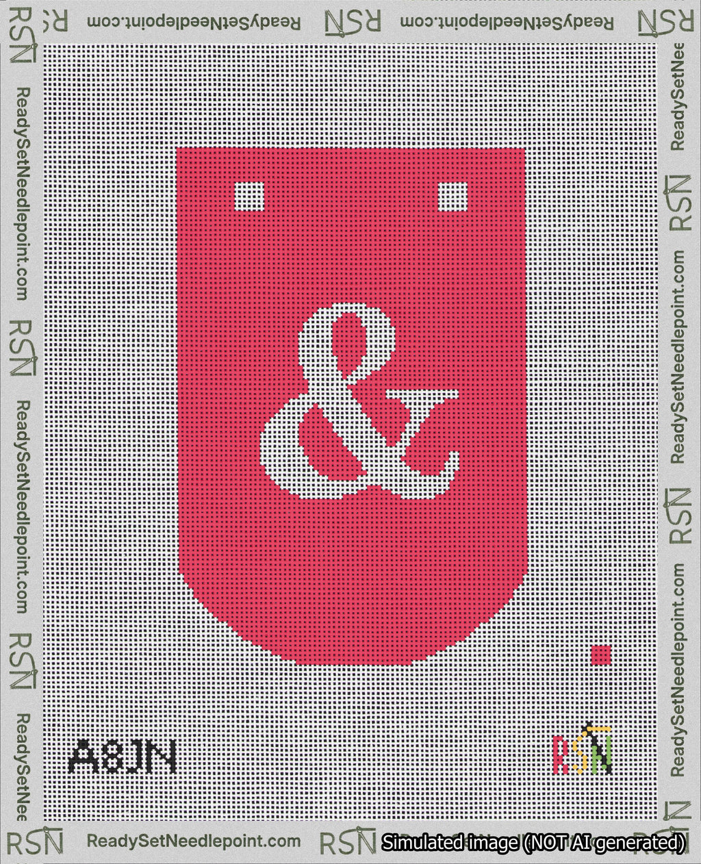 A taped needlepoint canvas with the design: Banner 18 mesh count Curved Ampersand White on Red.