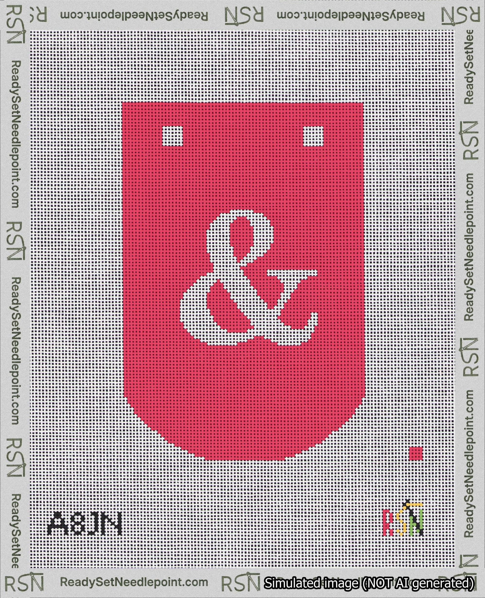 A taped needlepoint canvas with the design: Banner 18 mesh count Curved Ampersand White on Red.