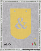 A taped needlepoint canvas with the design: Banner 18 mesh count Curved Ampersand White on Yellow.