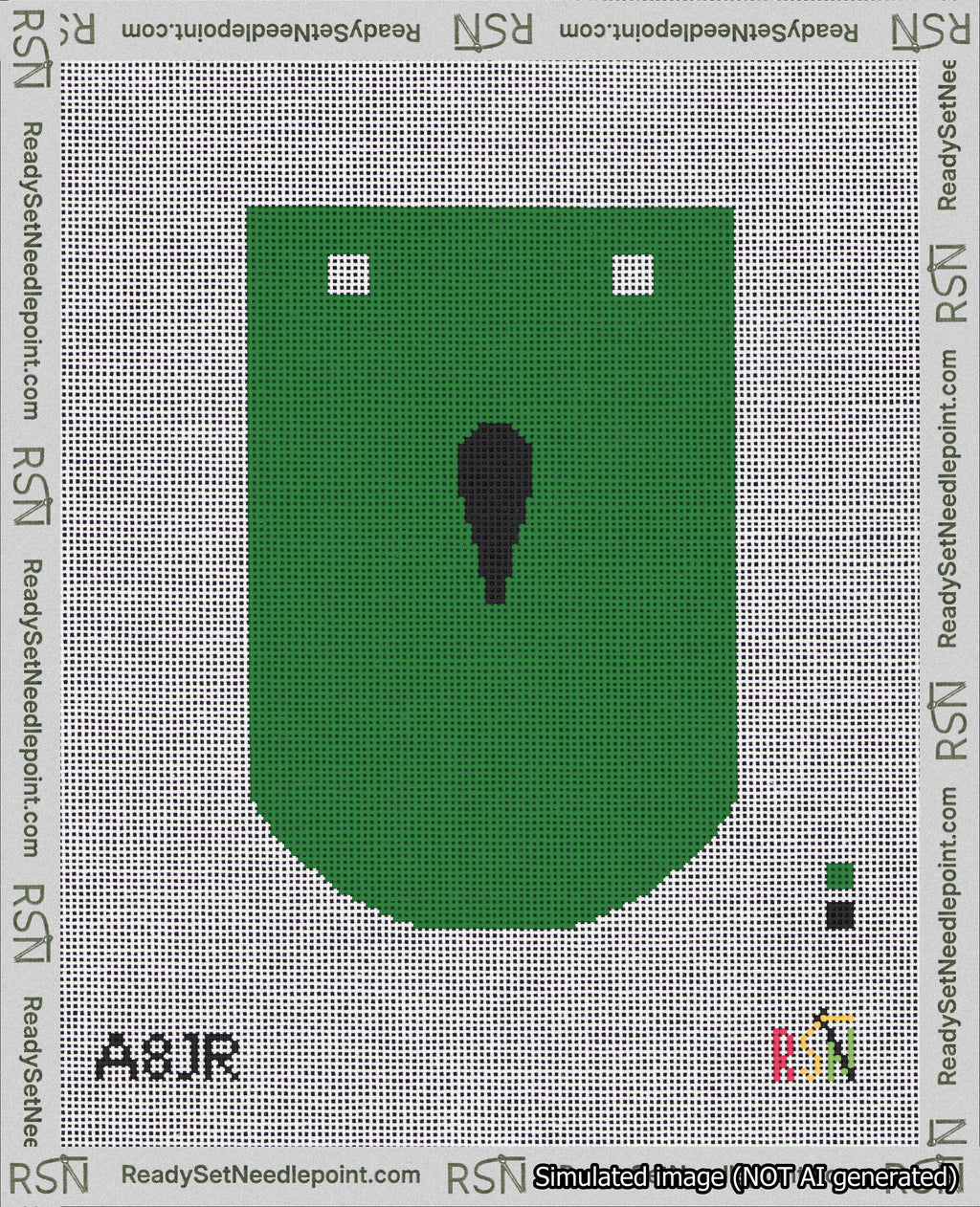 A taped needlepoint canvas with the design: Banner 18 mesh count Curved Apostrophe Black on Green.