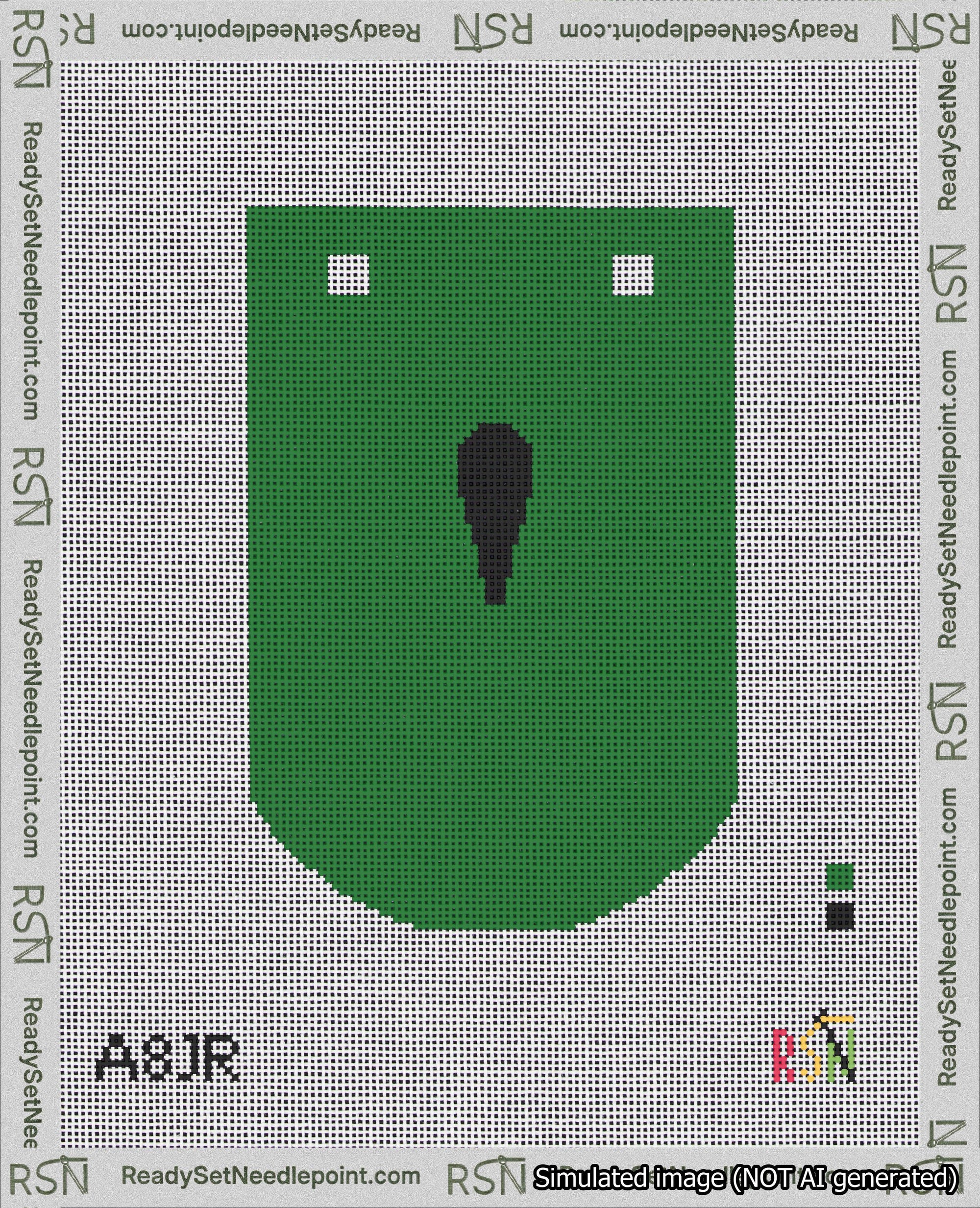A taped needlepoint canvas with the design: Banner 18 mesh count Curved Apostrophe Black on Green.