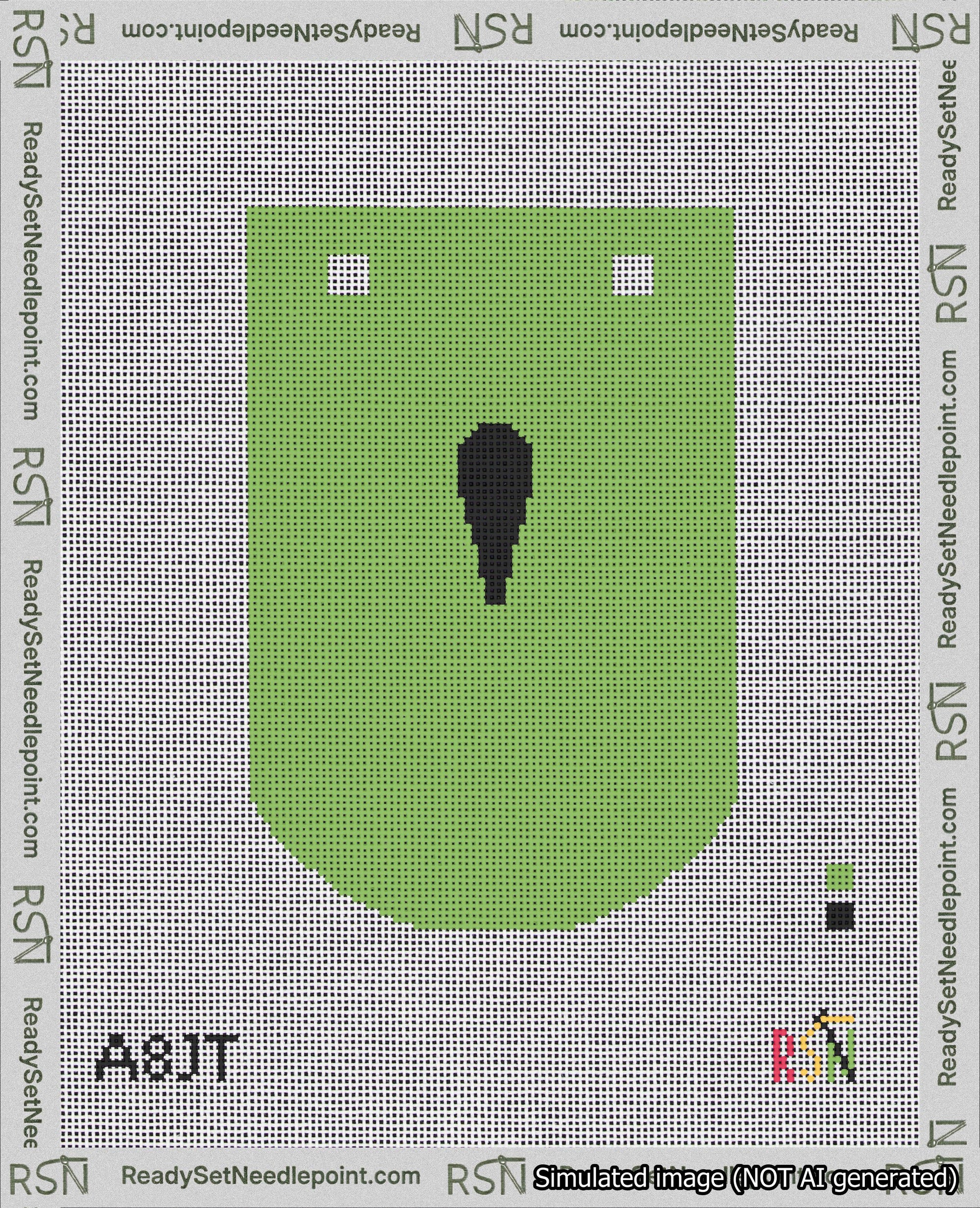 A taped needlepoint canvas with the design: Banner 18 mesh count Curved Apostrophe Black on Light Green.