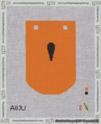A taped needlepoint canvas with the design: Banner 18 mesh count Curved Apostrophe Black on Orange.