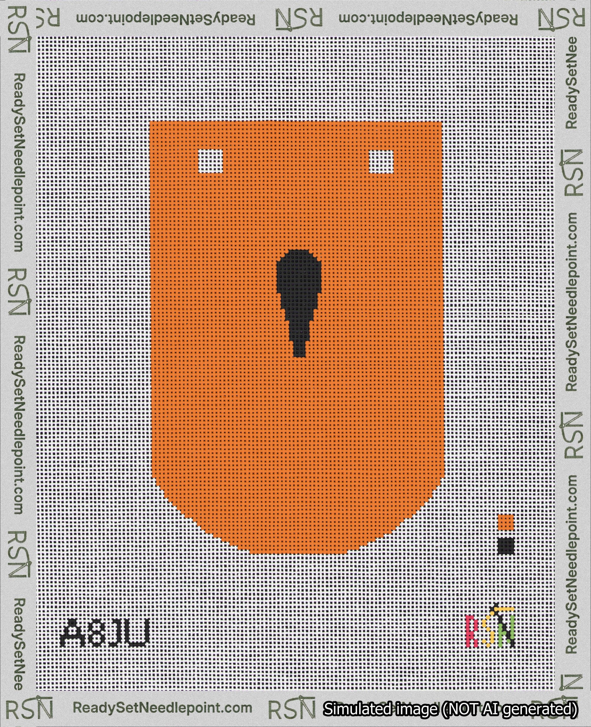 A taped needlepoint canvas with the design: Banner 18 mesh count Curved Apostrophe Black on Orange.