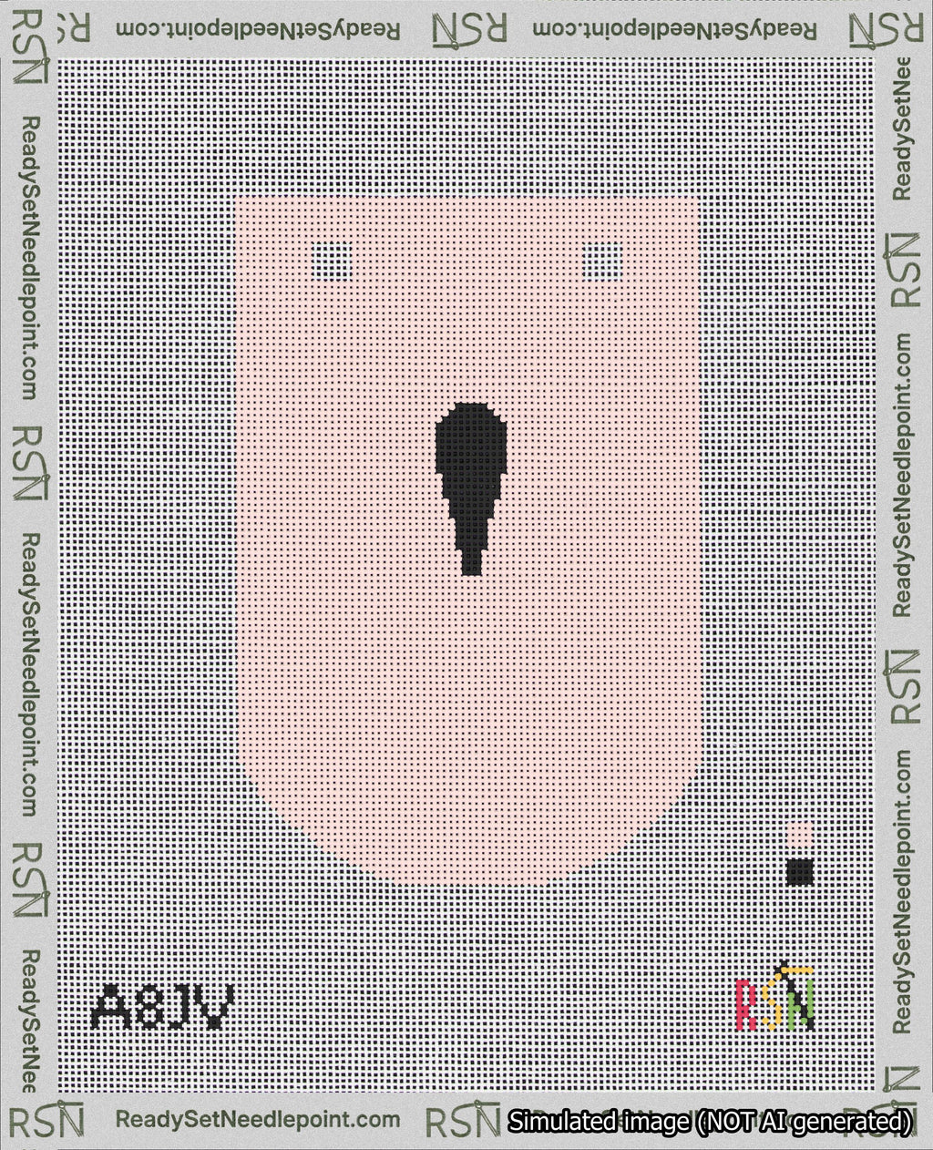 A taped needlepoint canvas with the design: Banner 18 mesh count Curved Apostrophe Black on Pink.