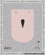 A taped needlepoint canvas with the design: Banner 18 mesh count Curved Apostrophe Black on Pink.