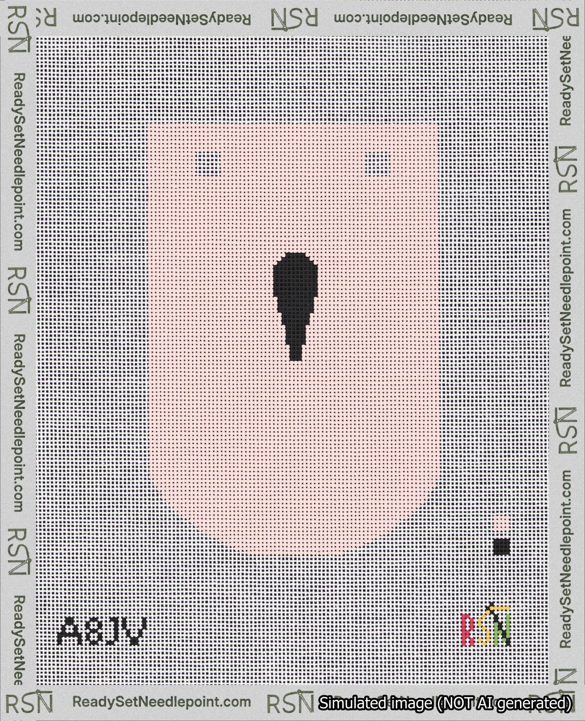 A taped needlepoint canvas with the design: Banner 18 mesh count Curved Apostrophe Black on Pink.