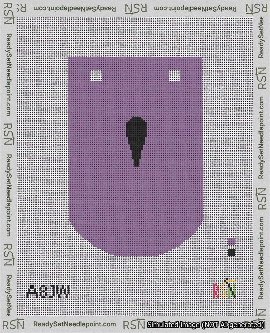 A taped needlepoint canvas with the design: Banner 18 mesh count Curved Apostrophe Black on Purple.