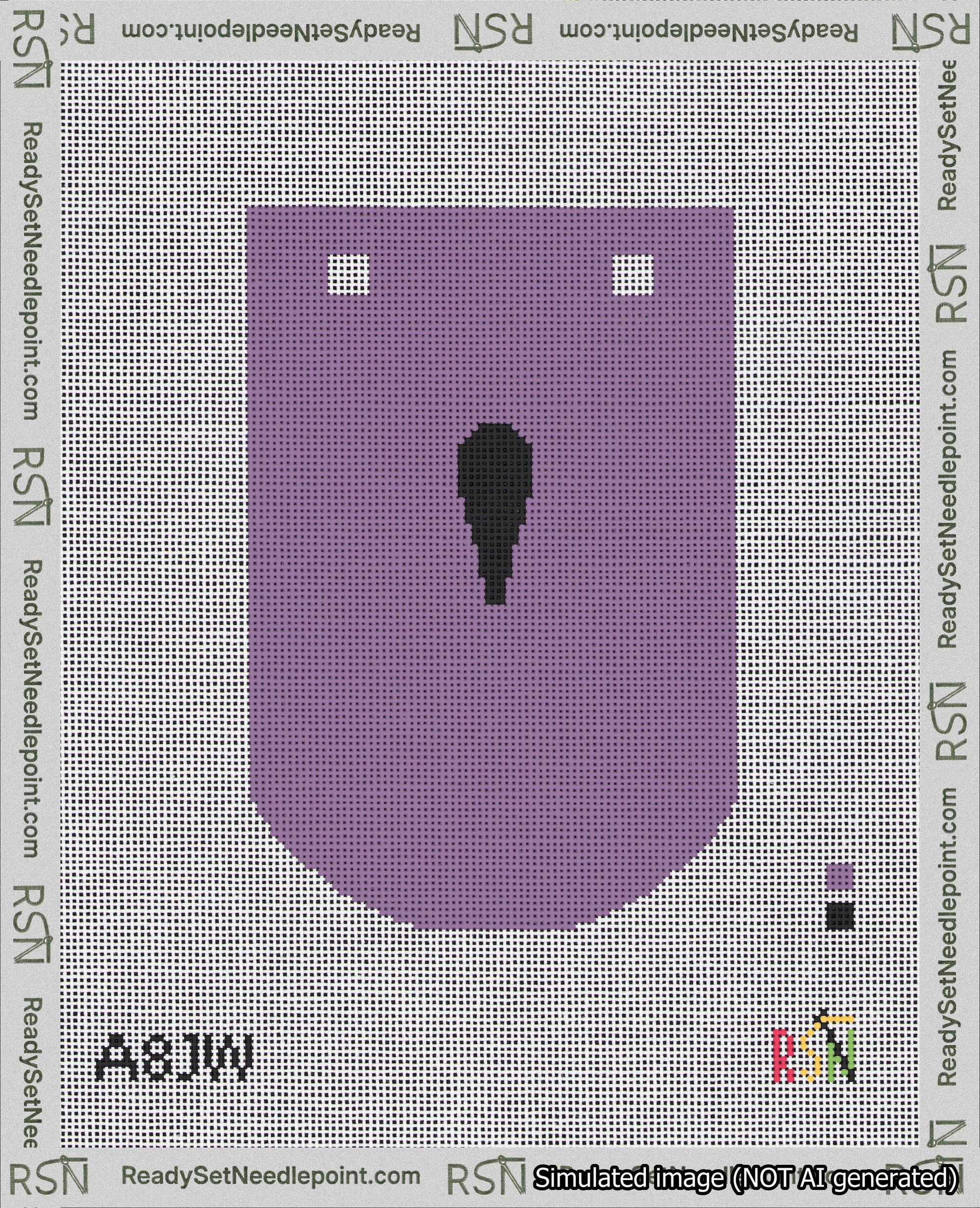 A taped needlepoint canvas with the design: Banner 18 mesh count Curved Apostrophe Black on Purple.