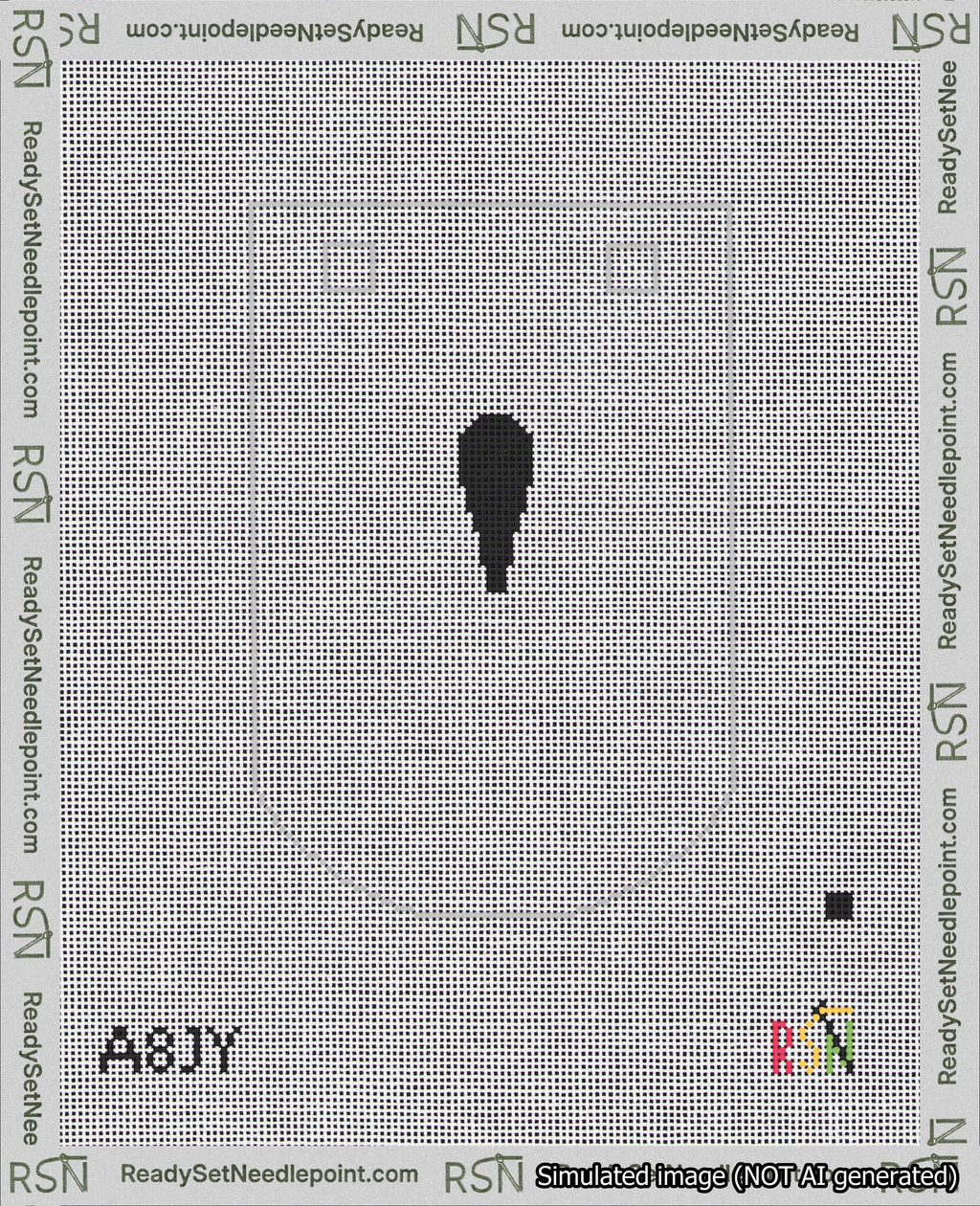 A taped needlepoint canvas with the design: Banner 18 mesh count Curved Apostrophe Black on White.