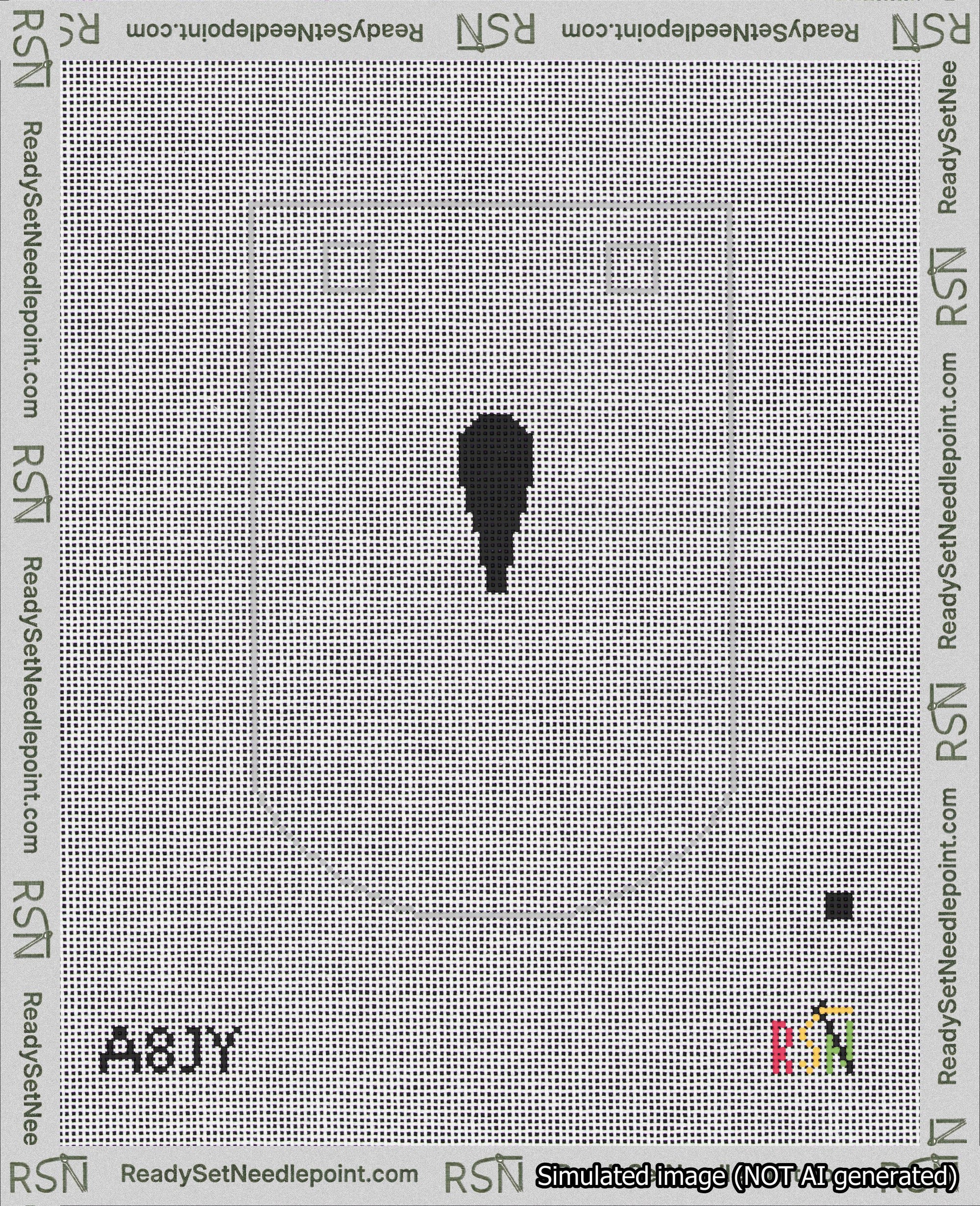 A taped needlepoint canvas with the design: Banner 18 mesh count Curved Apostrophe Black on White.