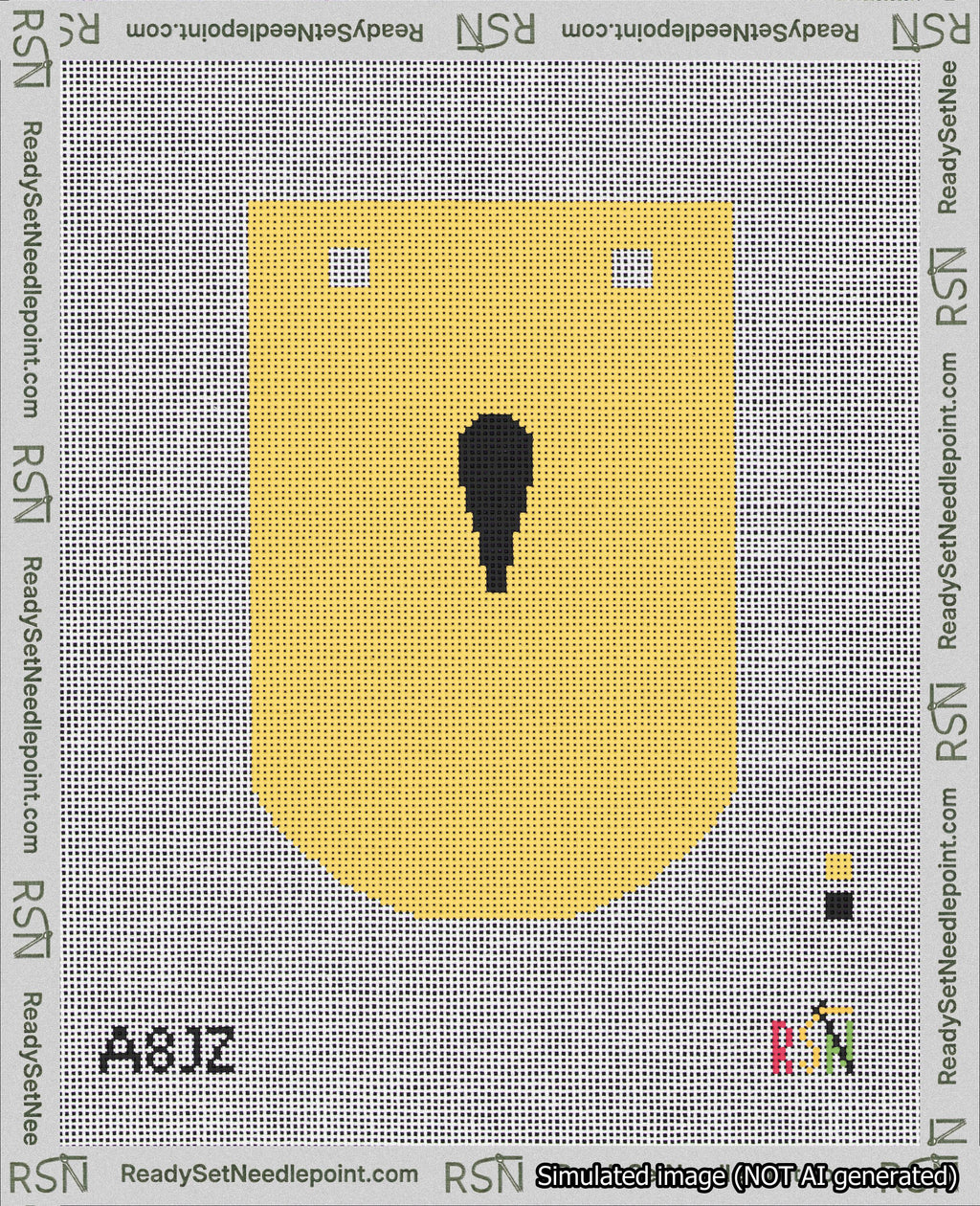 A taped needlepoint canvas with the design: Banner 18 mesh count Curved Apostrophe Black on Yellow.