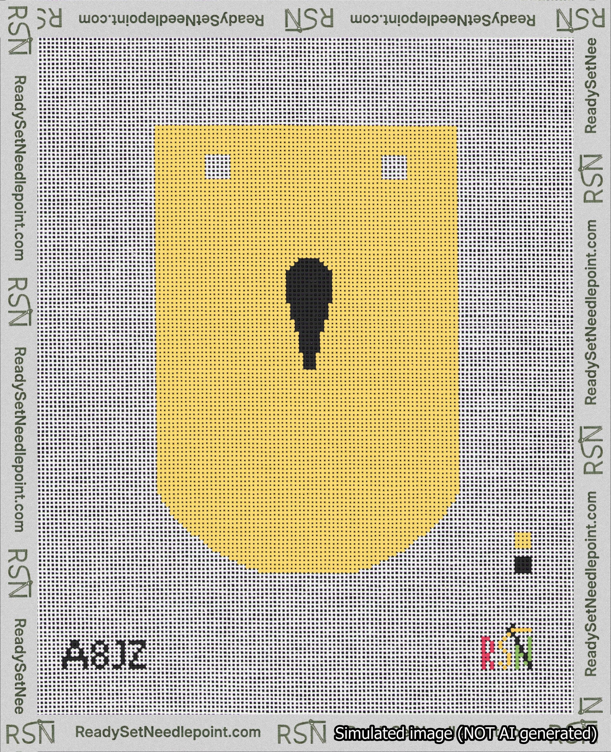 A taped needlepoint canvas with the design: Banner 18 mesh count Curved Apostrophe Black on Yellow.