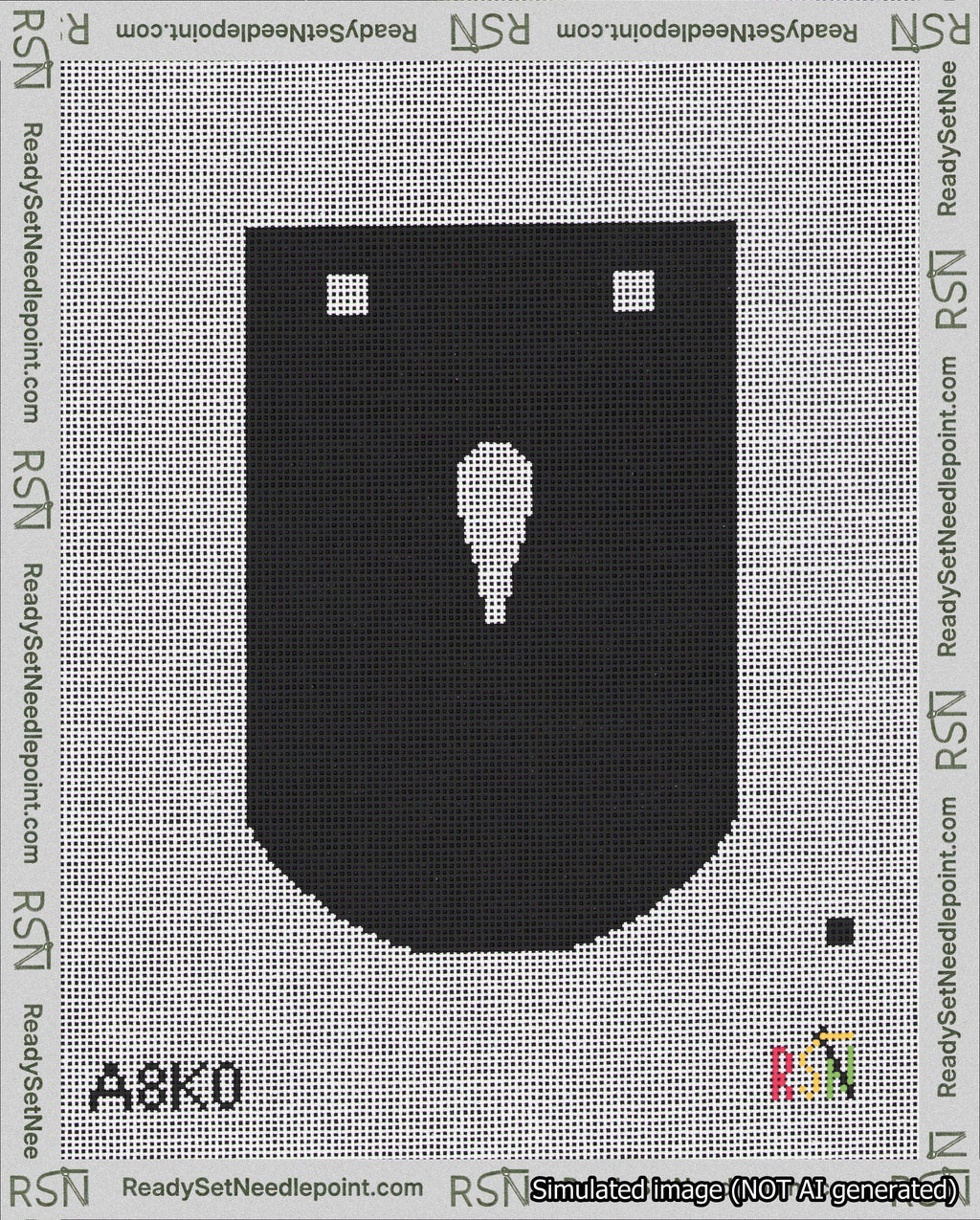 A taped needlepoint canvas with the design: Banner 18 mesh count Curved Apostrophe White on Black.