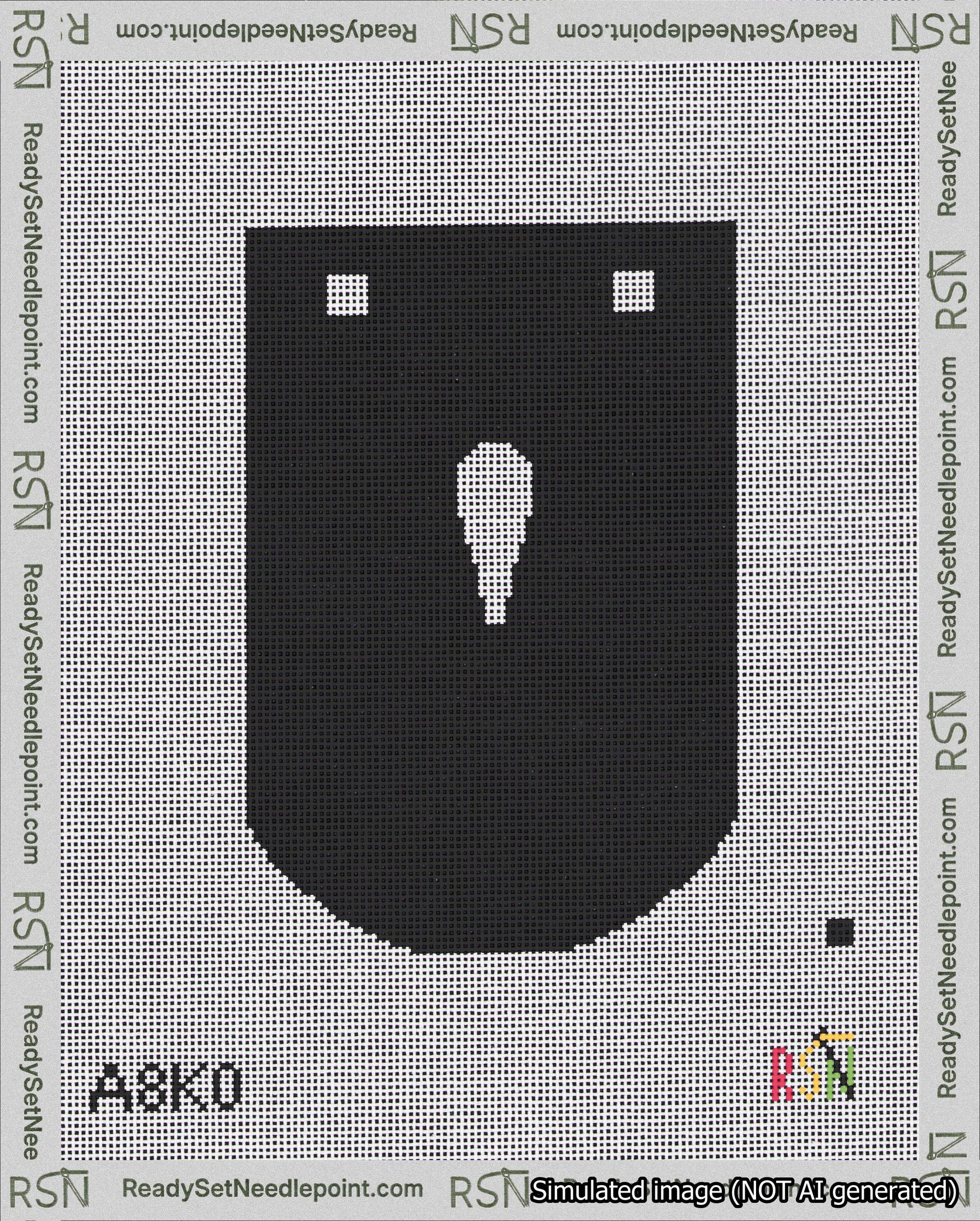 A taped needlepoint canvas with the design: Banner 18 mesh count Curved Apostrophe White on Black.