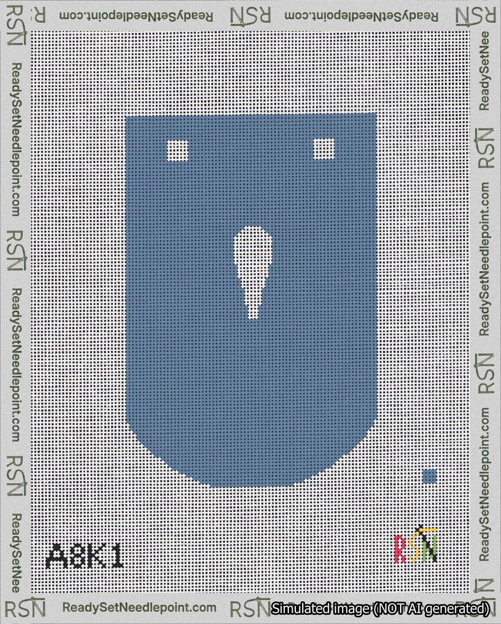 A taped needlepoint canvas with the design: Banner 18 mesh count Curved Apostrophe White on Blue.