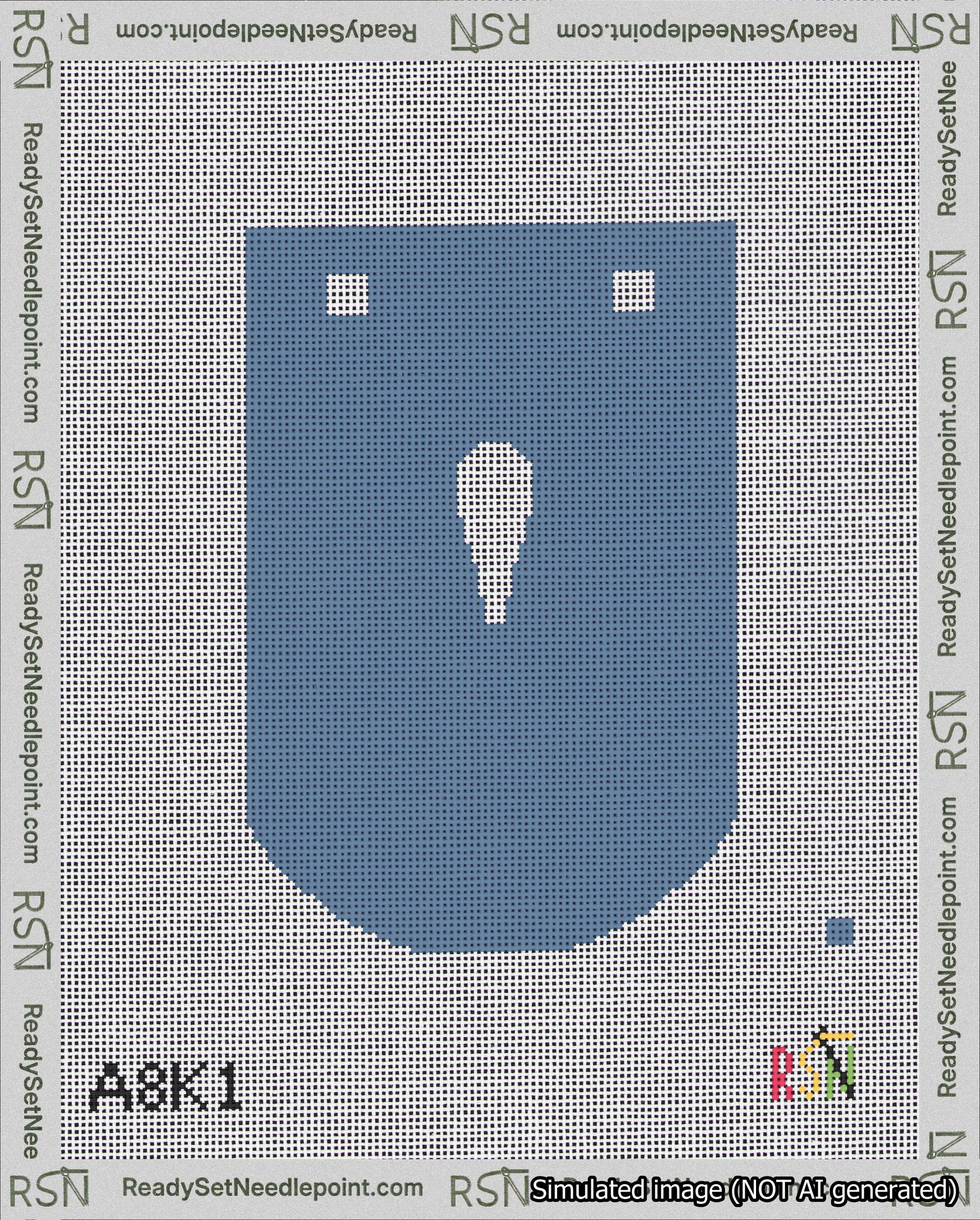 A taped needlepoint canvas with the design: Banner 18 mesh count Curved Apostrophe White on Blue.