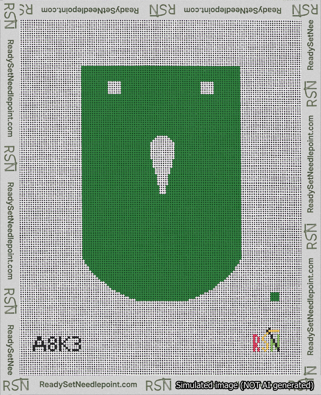 A taped needlepoint canvas with the design: Banner 18 mesh count Curved Apostrophe White on Green.