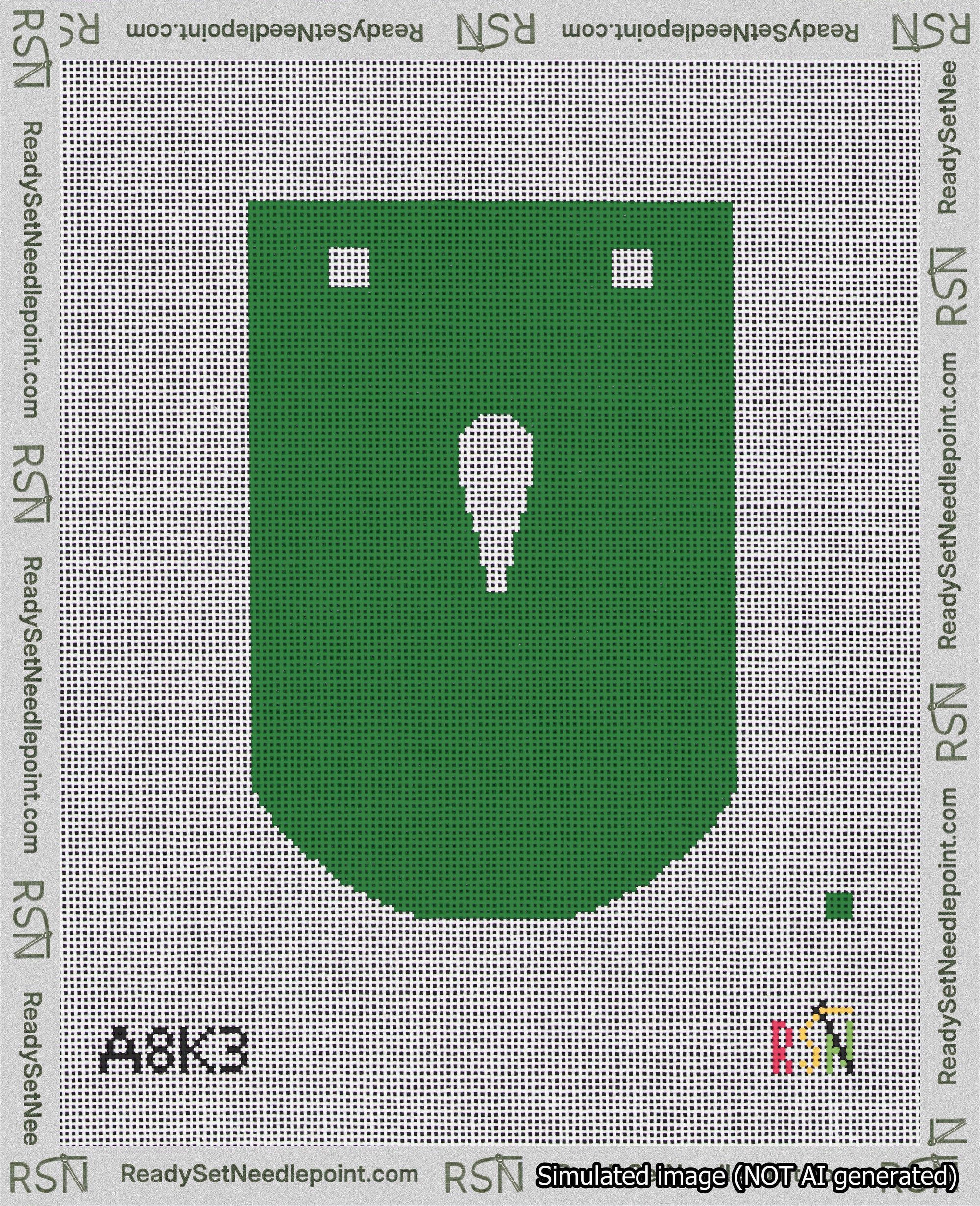 A taped needlepoint canvas with the design: Banner 18 mesh count Curved Apostrophe White on Green.