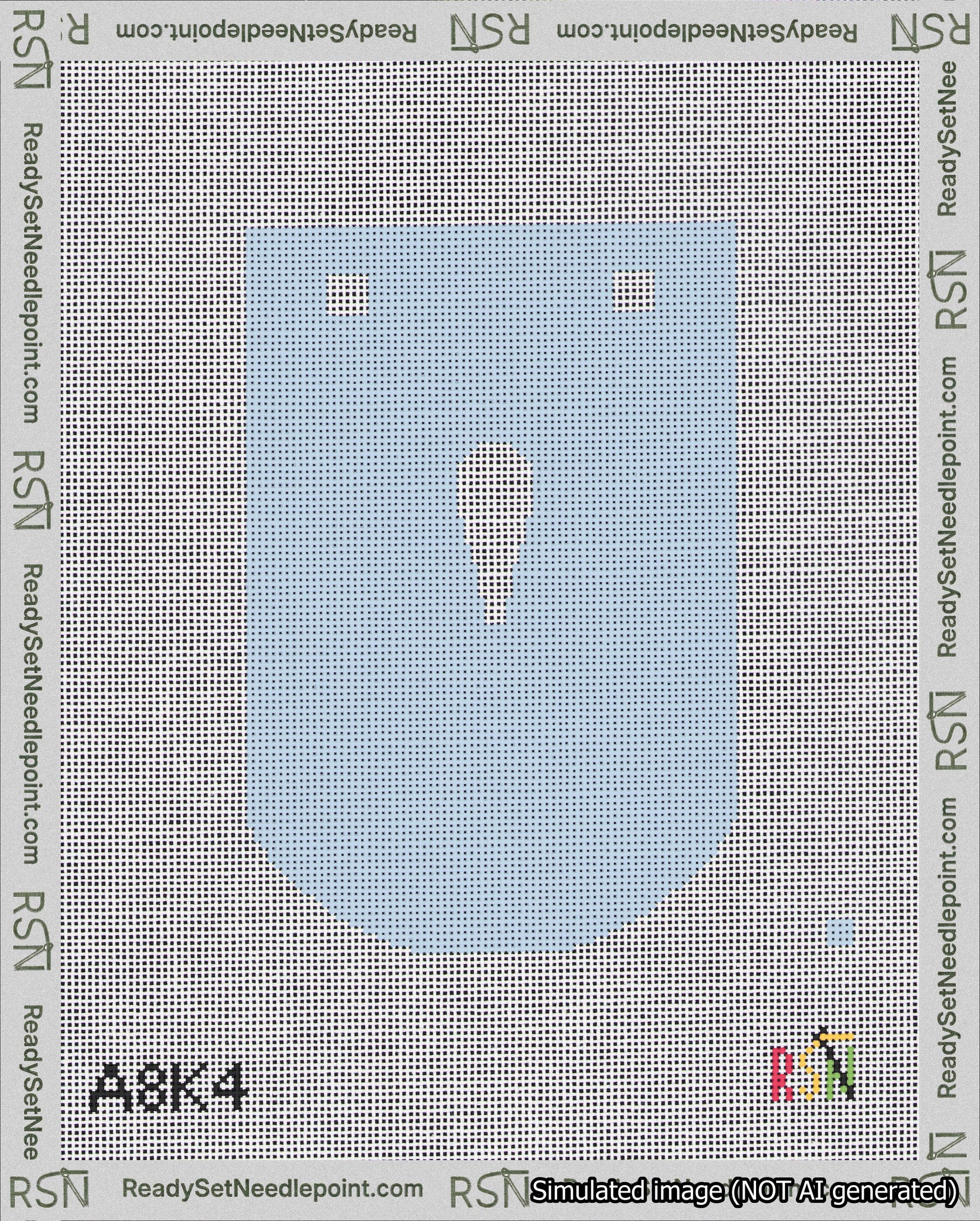 A taped needlepoint canvas with the design: Banner 18 mesh count Curved Apostrophe White on Light Blue.