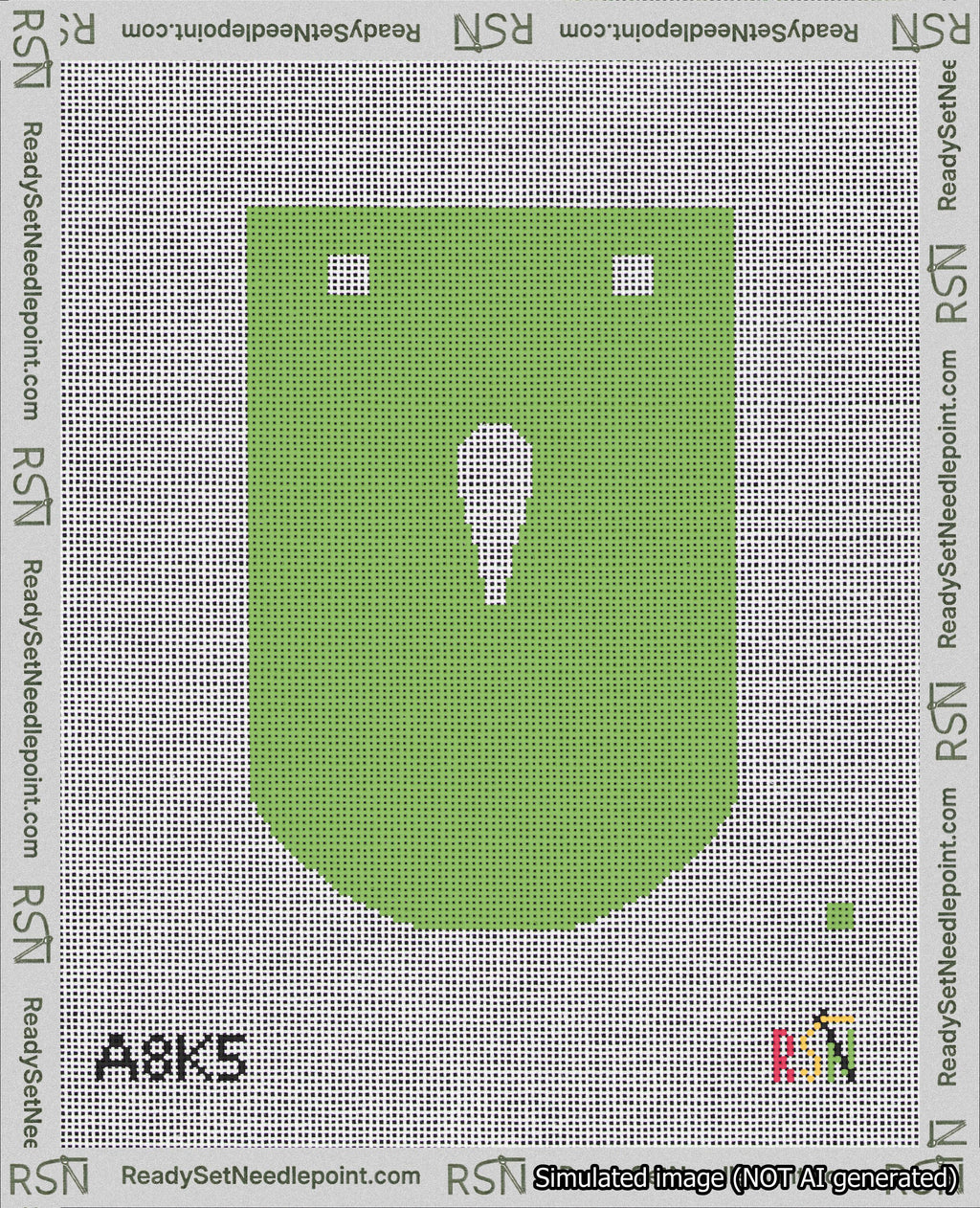 A taped needlepoint canvas with the design: Banner 18 mesh count Curved Apostrophe White on Light Green.