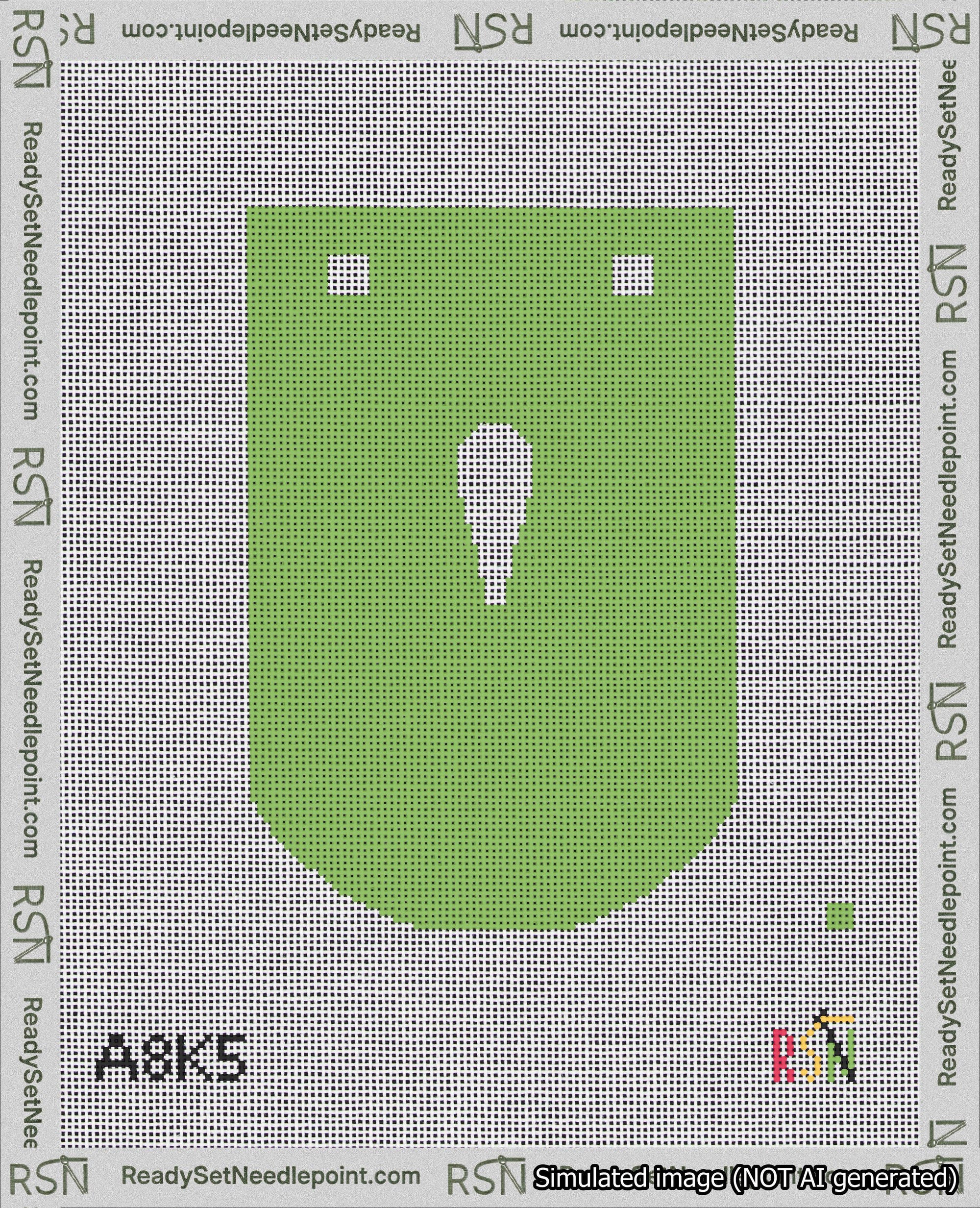 A taped needlepoint canvas with the design: Banner 18 mesh count Curved Apostrophe White on Light Green.