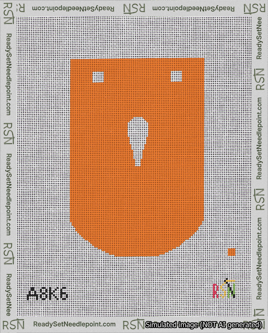 A taped needlepoint canvas with the design: Banner 18 mesh count Curved Apostrophe White on Orange.