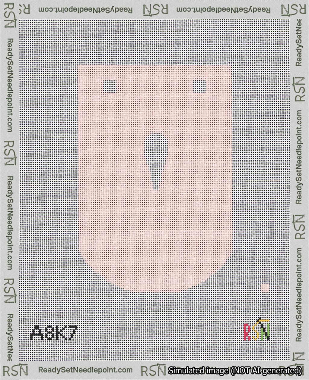 A taped needlepoint canvas with the design: Banner 18 mesh count Curved Apostrophe White on Pink.